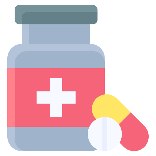 A medicine bottle with a cross symbol and three pills in front of it.