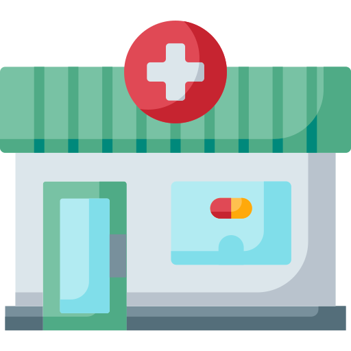Illustration of a pharmacy or medical supply store with a green-striped awning, a red cross symbol, and larger medicine bottles in front.