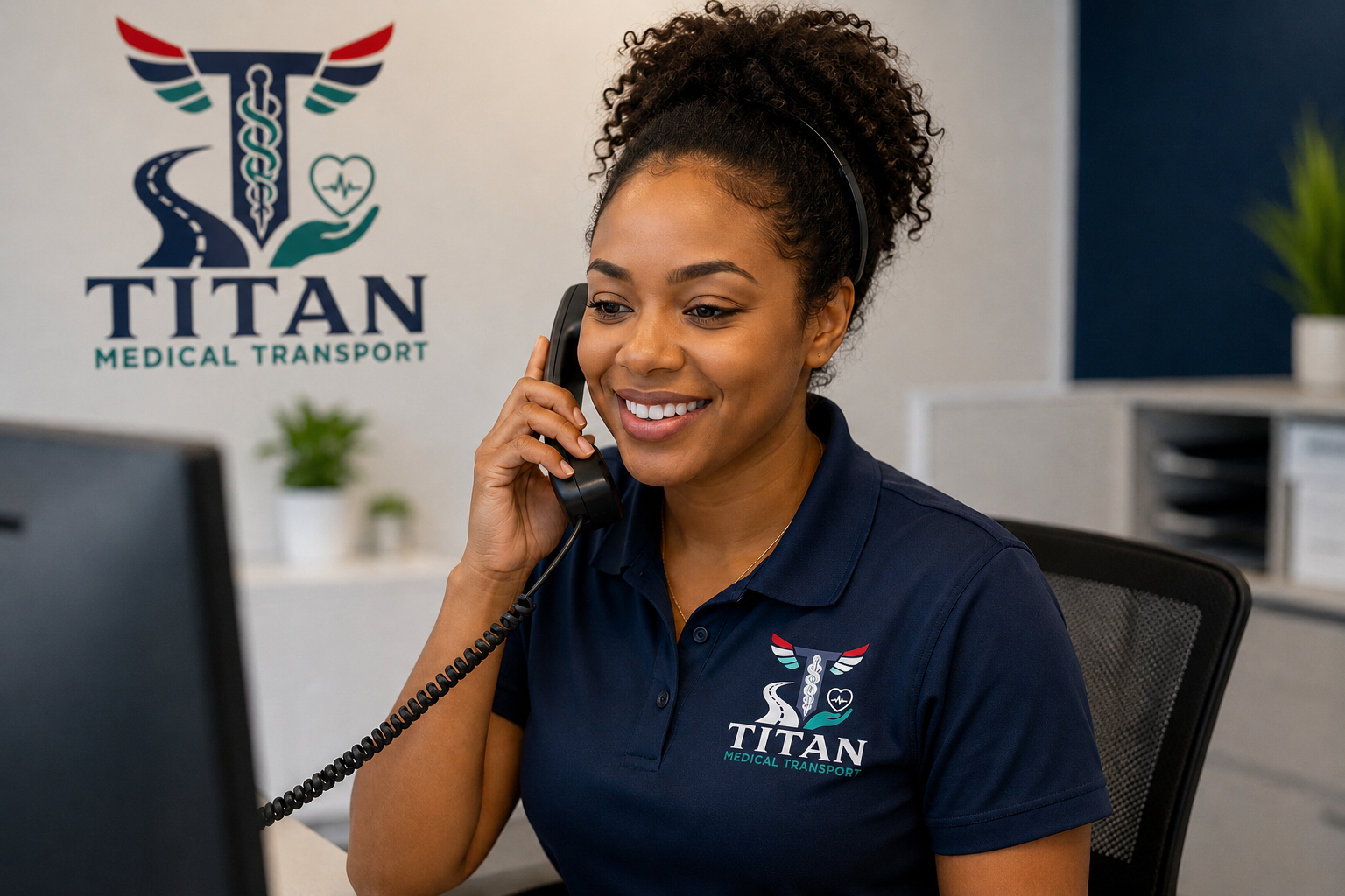 A woman with curly hair smiling while talking on the phone at a reception desk. She wears a navy blue polo shirt with the Titan Medical Transport logo. Behind her is a wall with the same logo.
