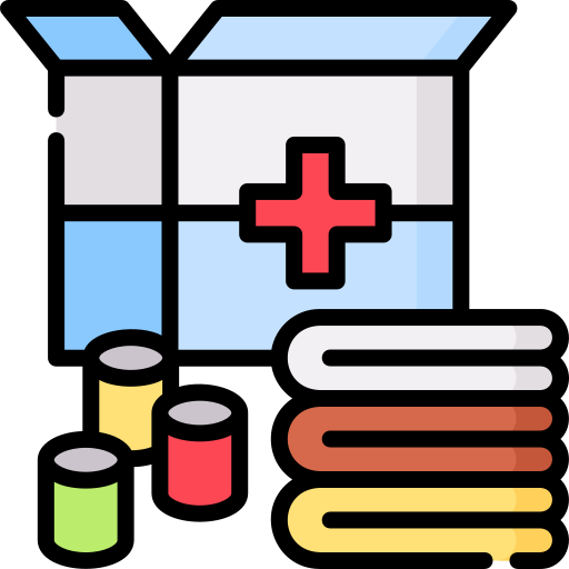 Open medical supply box with bandages, pills, and medication bottles.