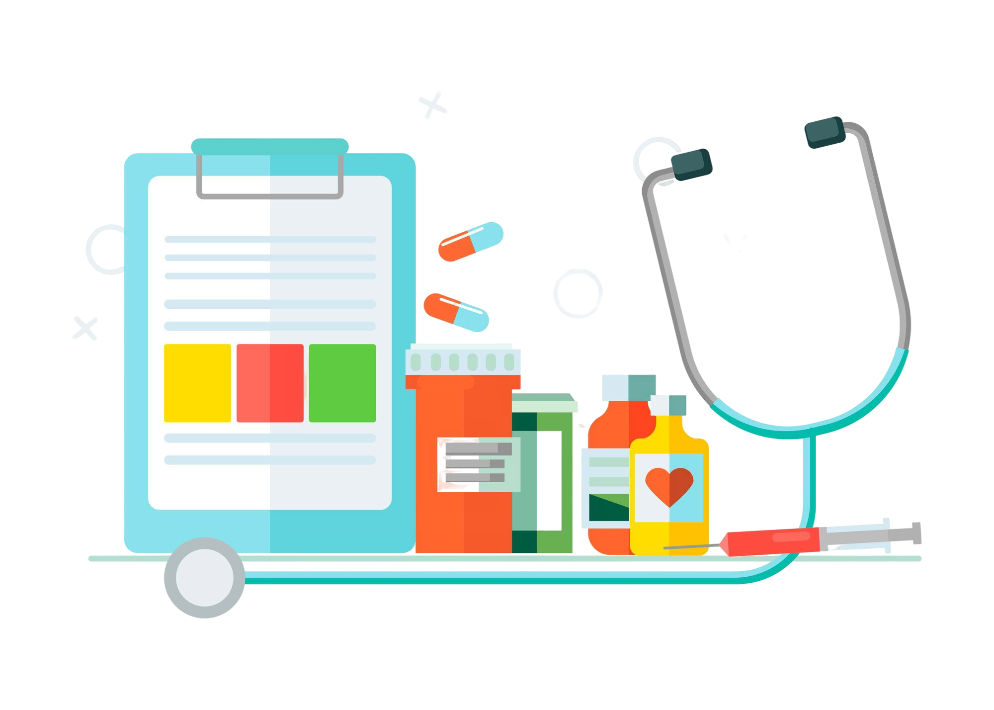 Colorful digital illustration of a delivery truck loaded with various medicines, pills, capsules, and health-related products.