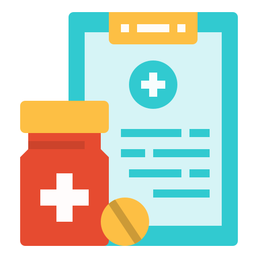 Illustration of a prescription medication bottle, a pill, and a medical prescription pad with a cross symbol.