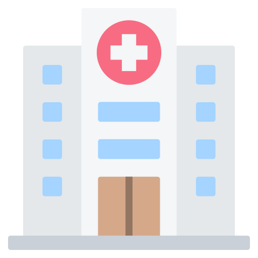 Simplified illustration of a hospital building with a red cross symbol at the top.