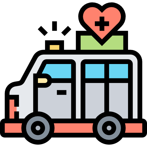 Icon of an ambulance with a heart and cross symbol on top.