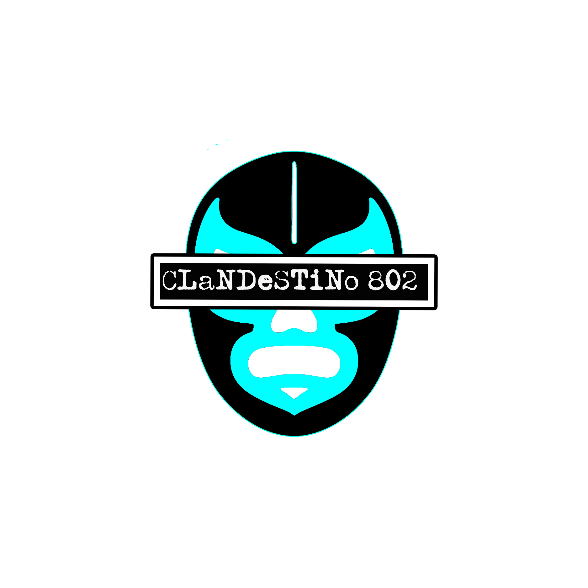 Neon sign of a face with mask and the text 'Clandestino 802' in stylized font.