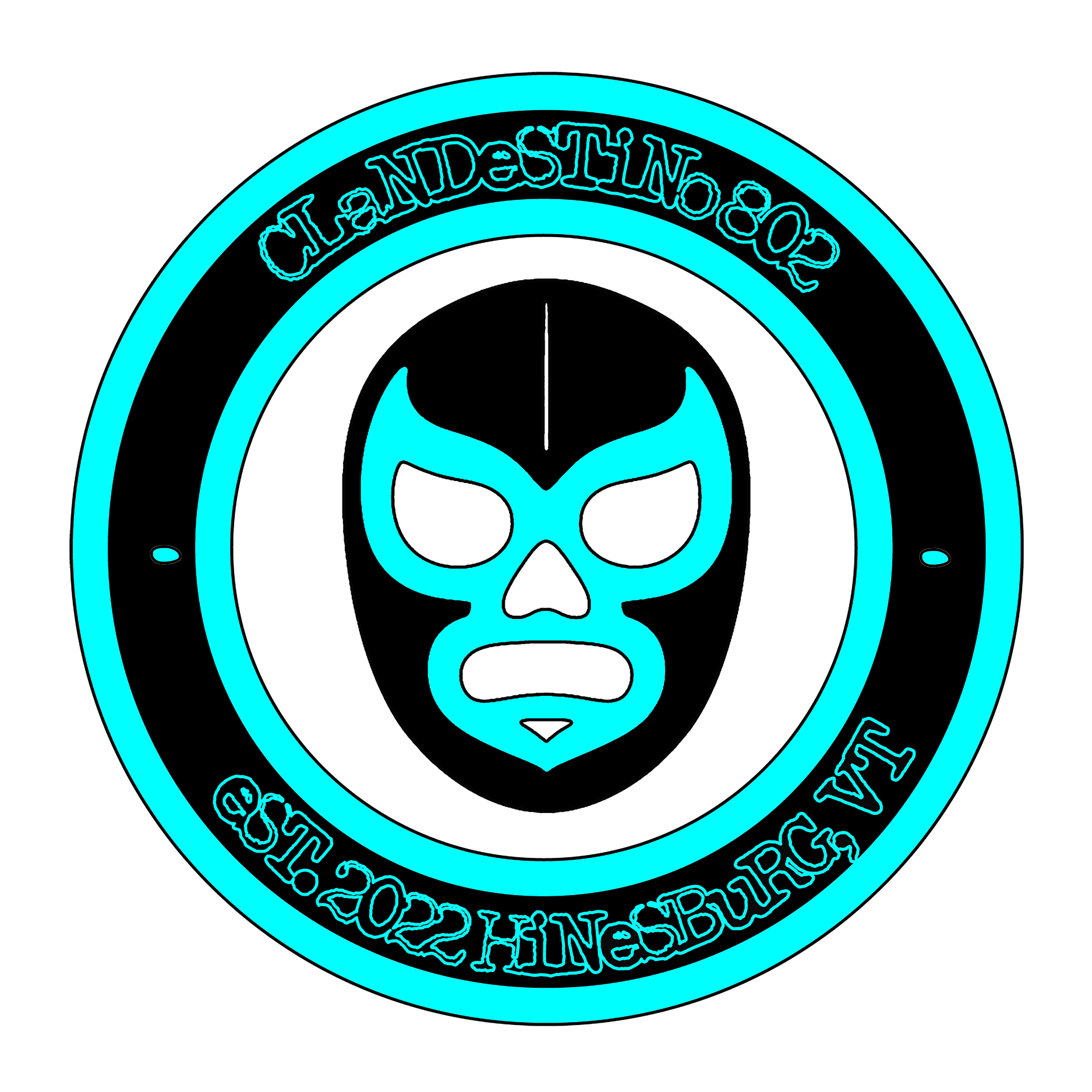 Neon sign with a blue skull and text that says 'The Clownhouse' and 'LOVE PIGS' around the outer edge.