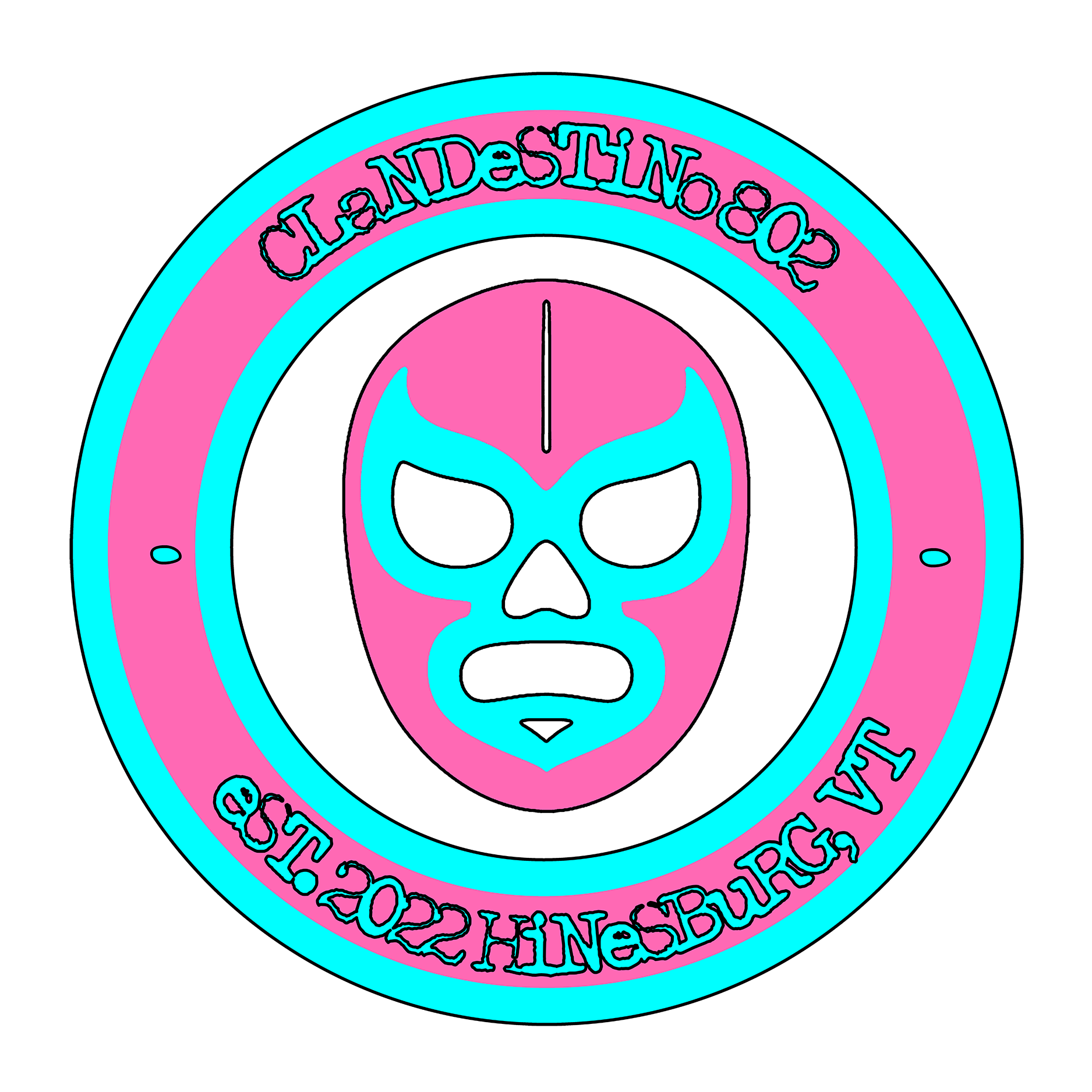 Neon sign featuring a blue skull outline with a pink background and concentric circles in pink and blue, with text that is mirrored and reads 'CLUB' and other words, displayed on a black background.
