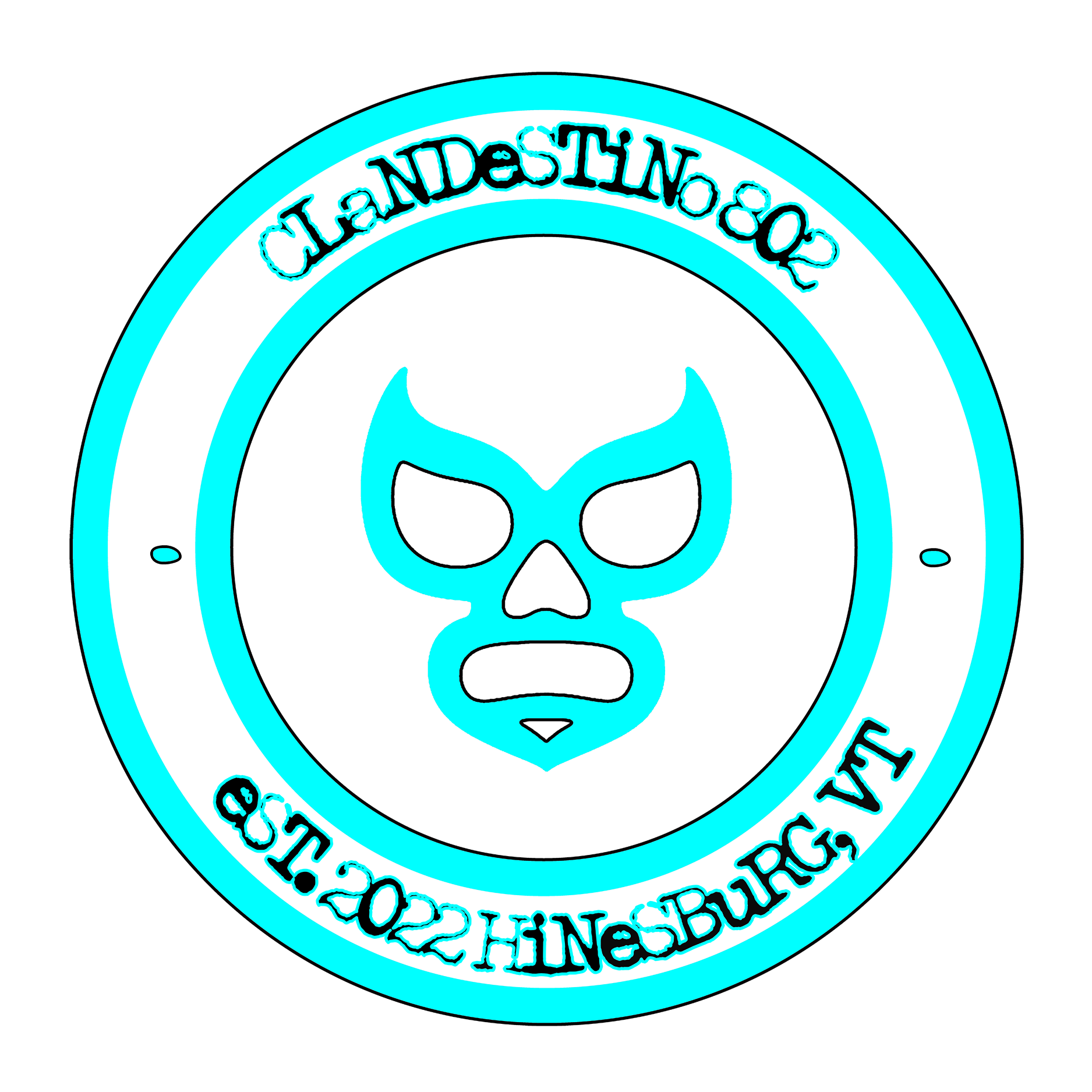 A neon sign with a stylized skull face in blue and black, surrounded by circular text reading 'Washington DC.'