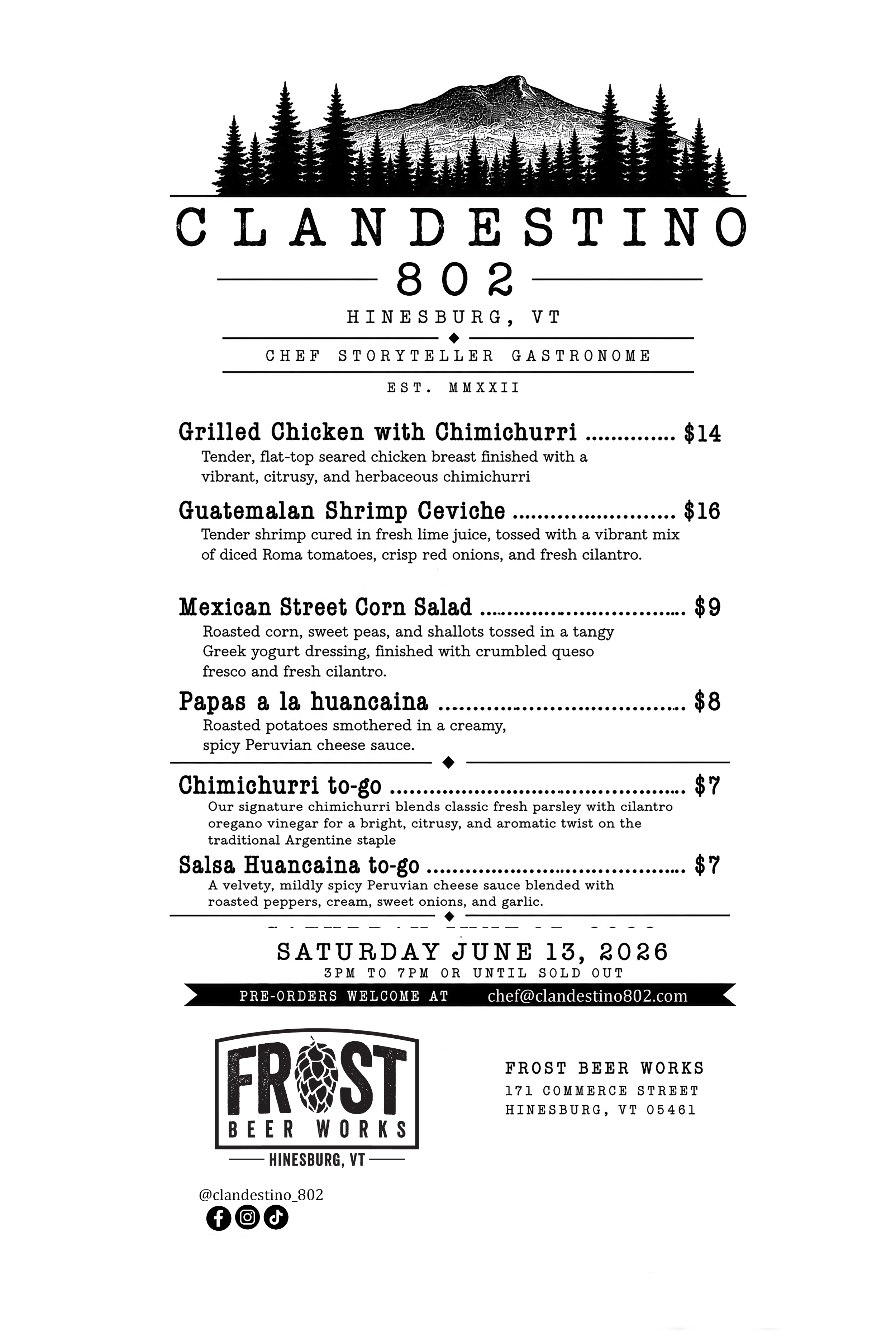 Menu for Clamdestino located in Hinesburg, VT, advertising dishes such as grilled chicken with chimichurri, Guatemalan shrimp ceviche, Mexican street corn salad, and papa a la huancaina, with pricing and date of June 15, 2026.