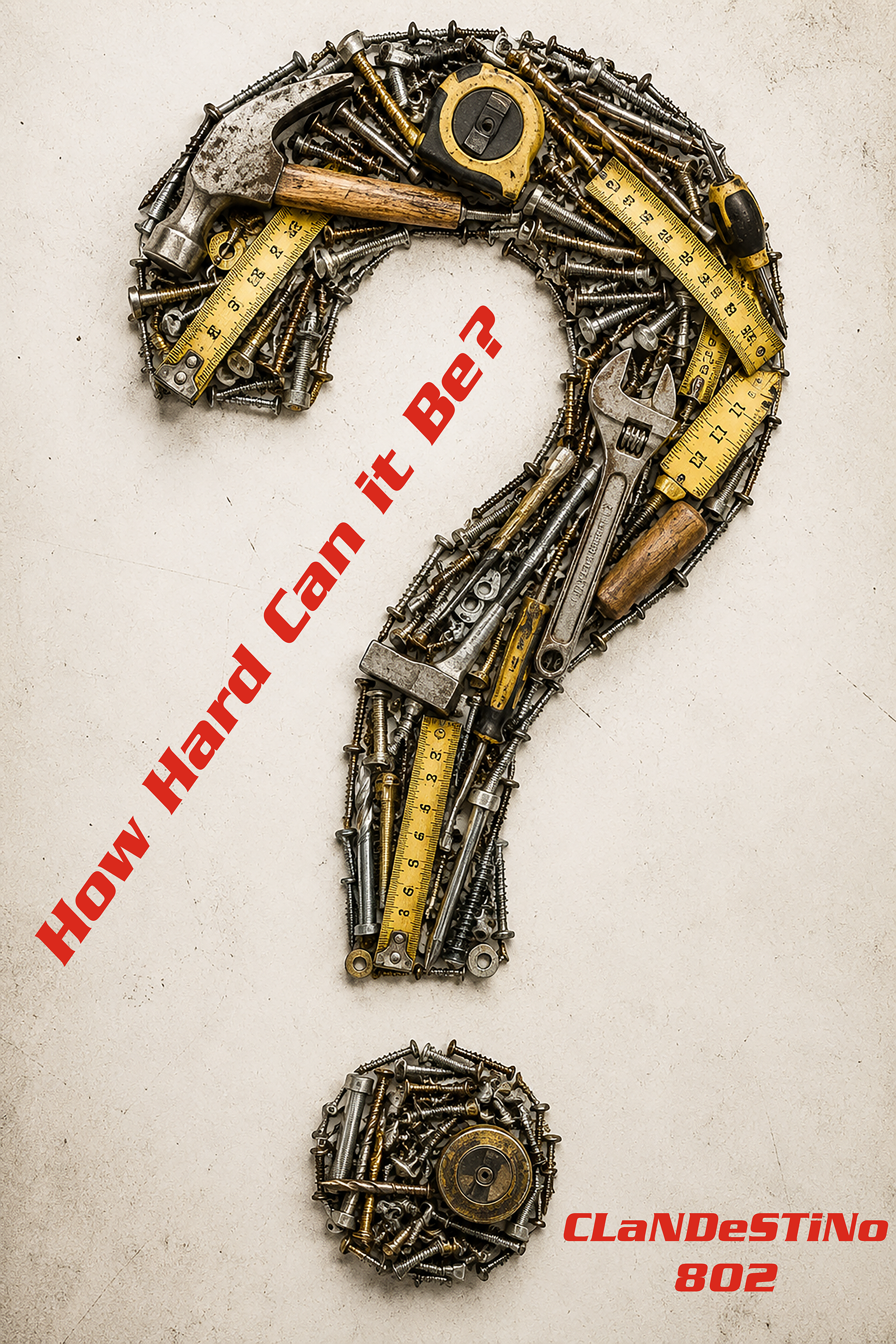 A question mark shape made from various metal screws, bolts, and tools on a beige background with red text that reads 'How Hard Can It Be? ClANDeSTiN0 802'.