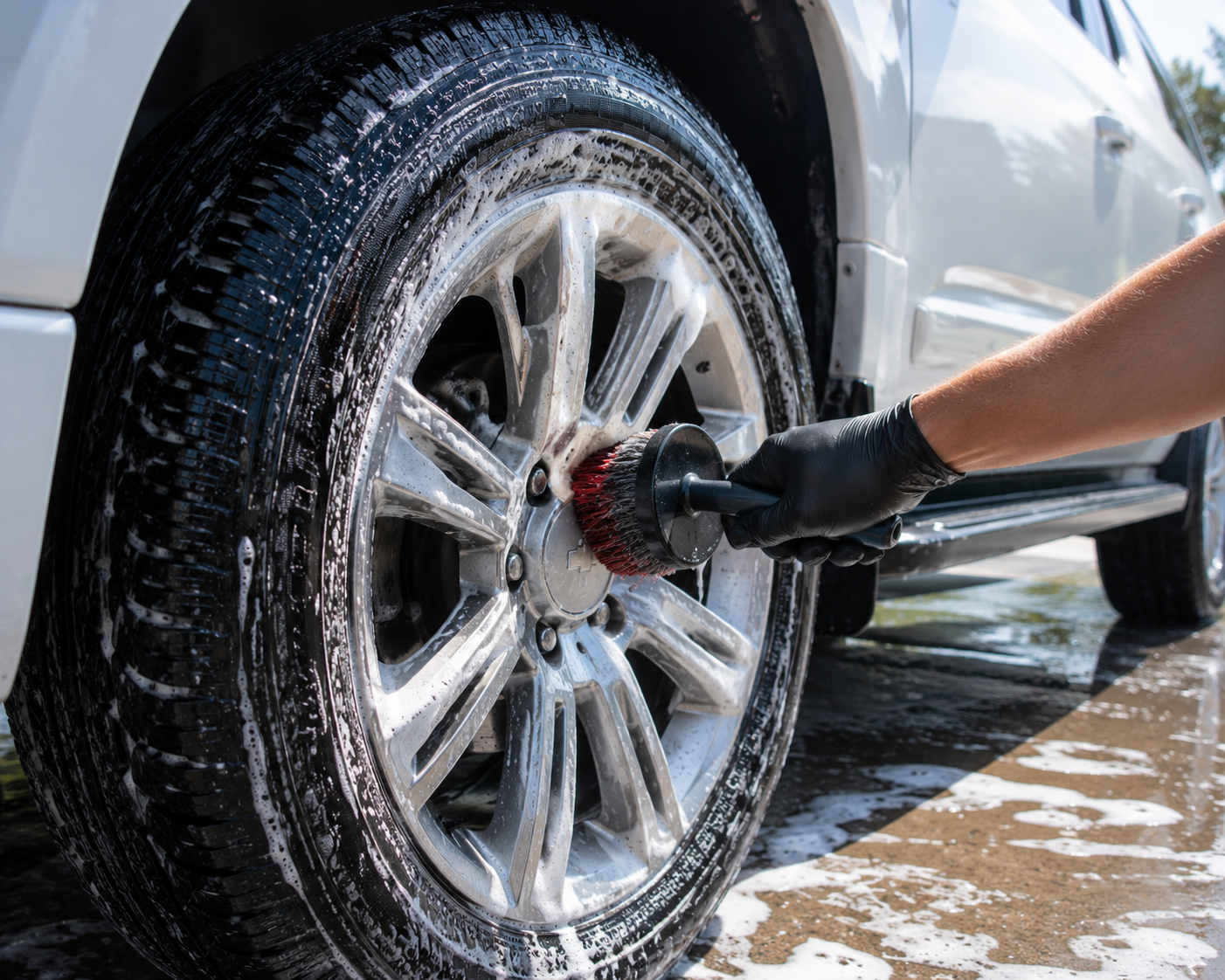 Person washing a silver car's wheel and tire with a scrub brush and soap, wearing black gloves.