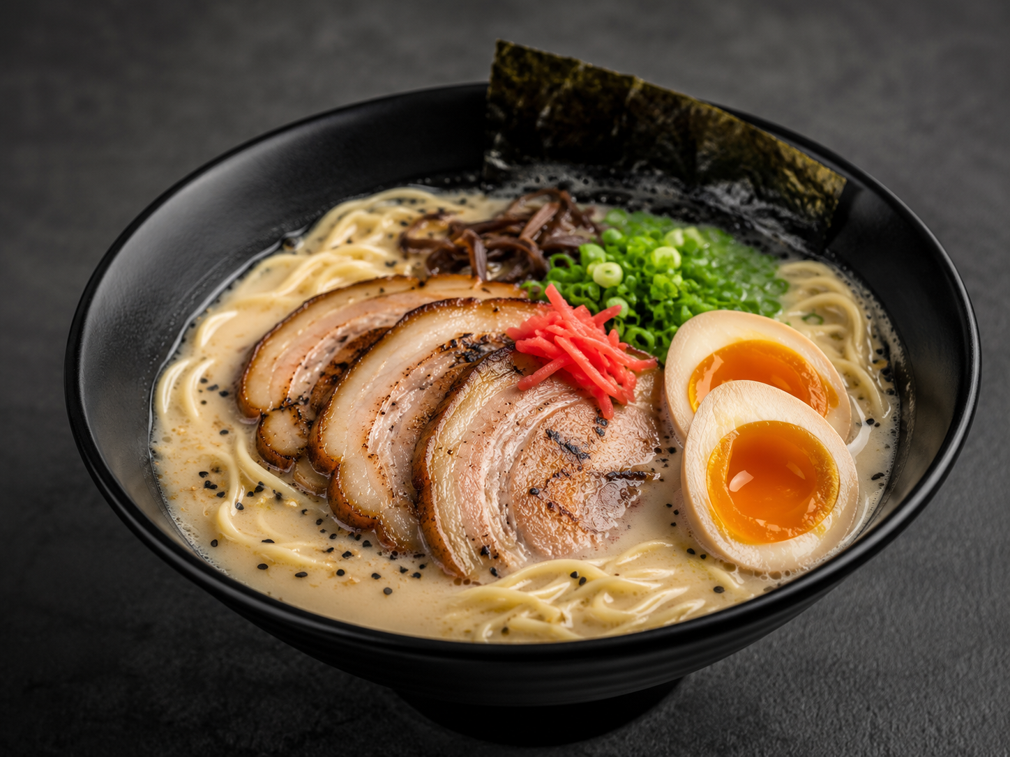 Black bowl of ramen with sliced pork, soft-boiled eggs, green onions, seaweed, pickled ginger, and black sesame seeds in creamy broth, on a dark surface.