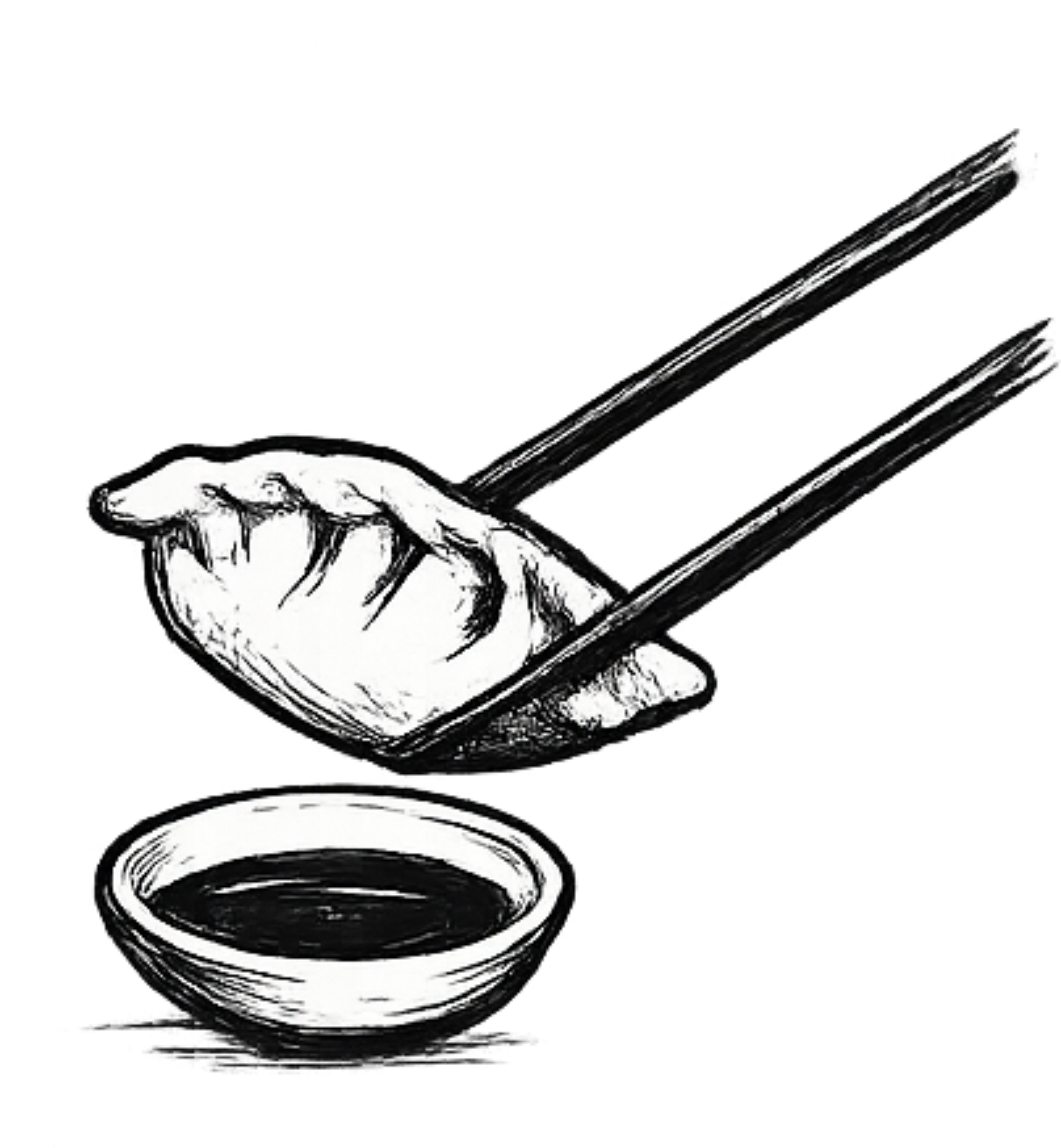 A black and white illustration of a hand holding a pair of chopsticks, about to pick up a dumpling from a small bowl of dipping sauce.