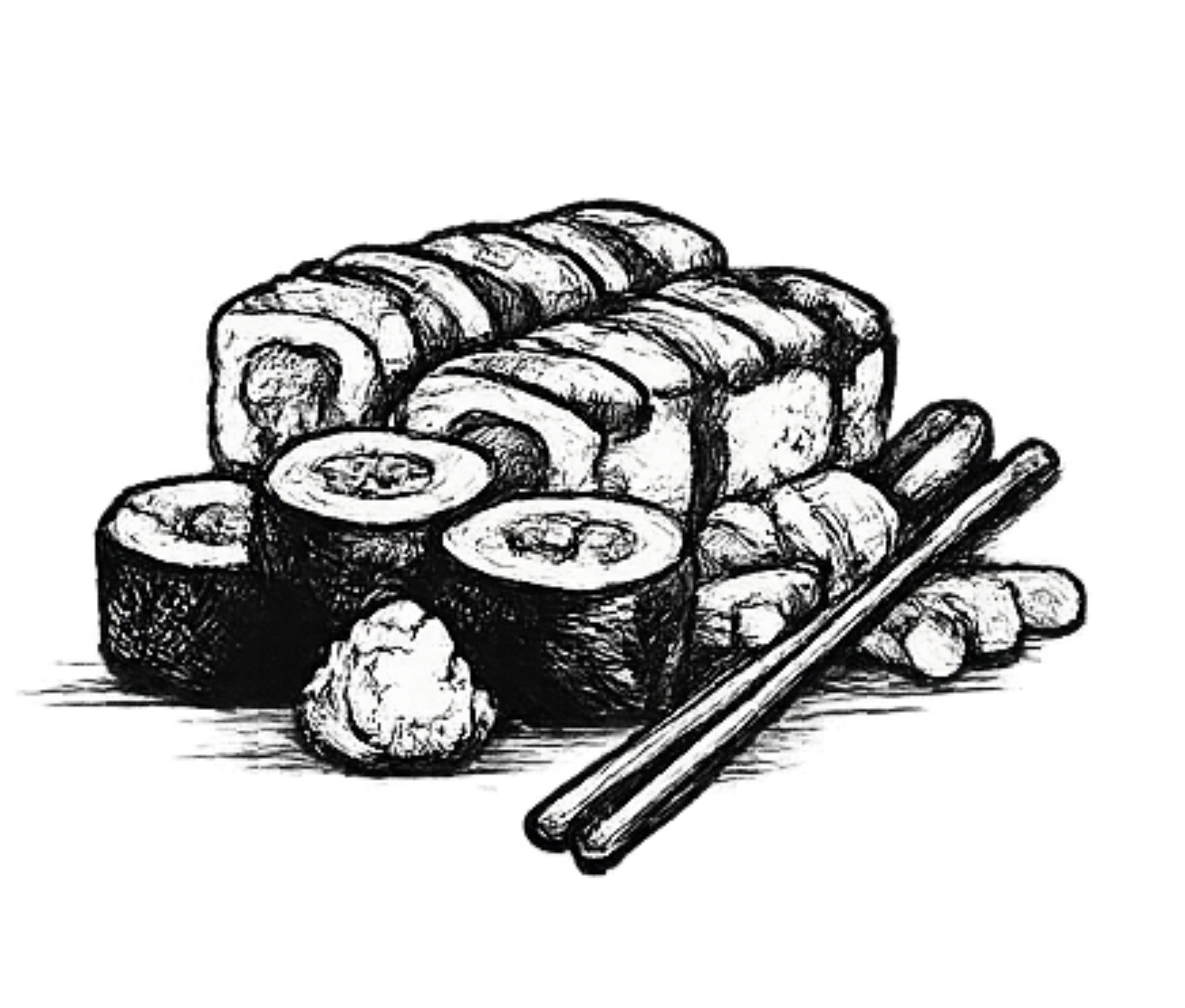 Black and white sketch of sushi rolls on a platter with chopsticks.