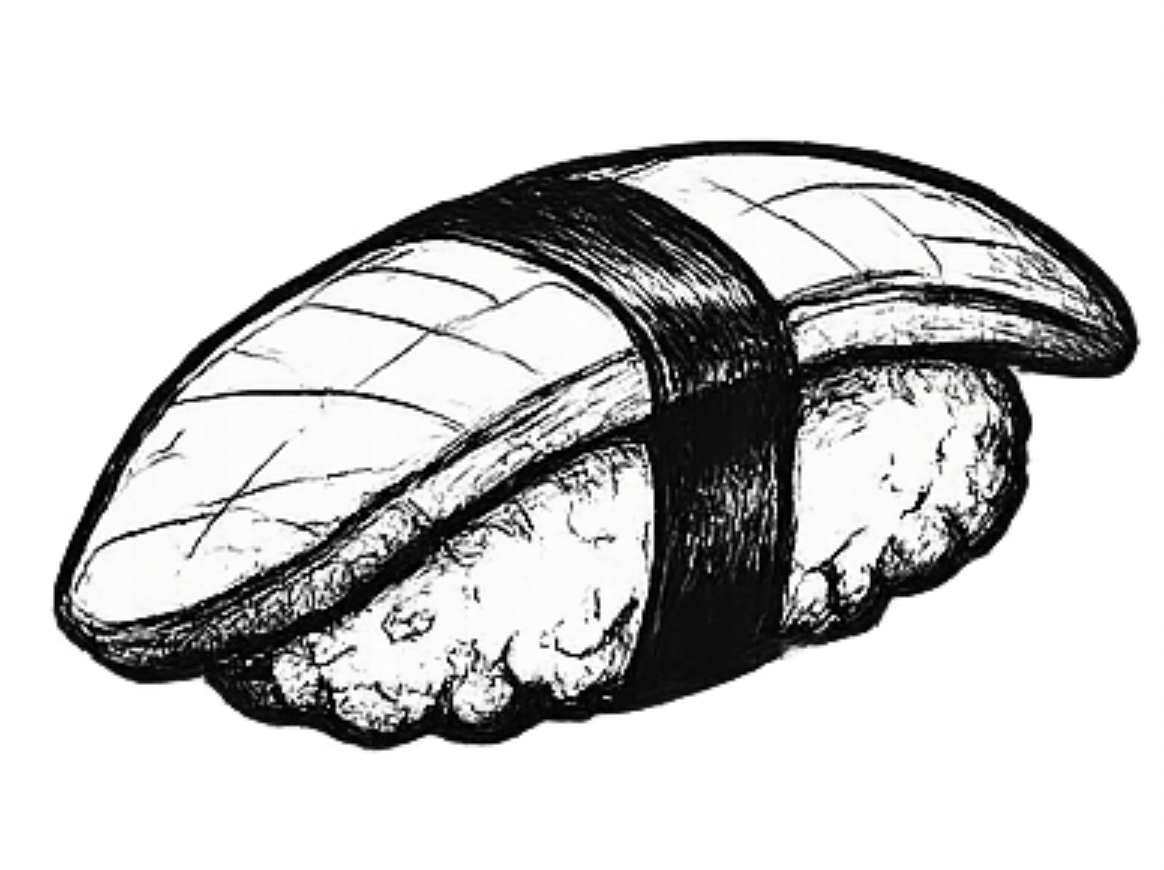 Drawing of a sushi piece with rice, seaweed wrap, and fish on top.