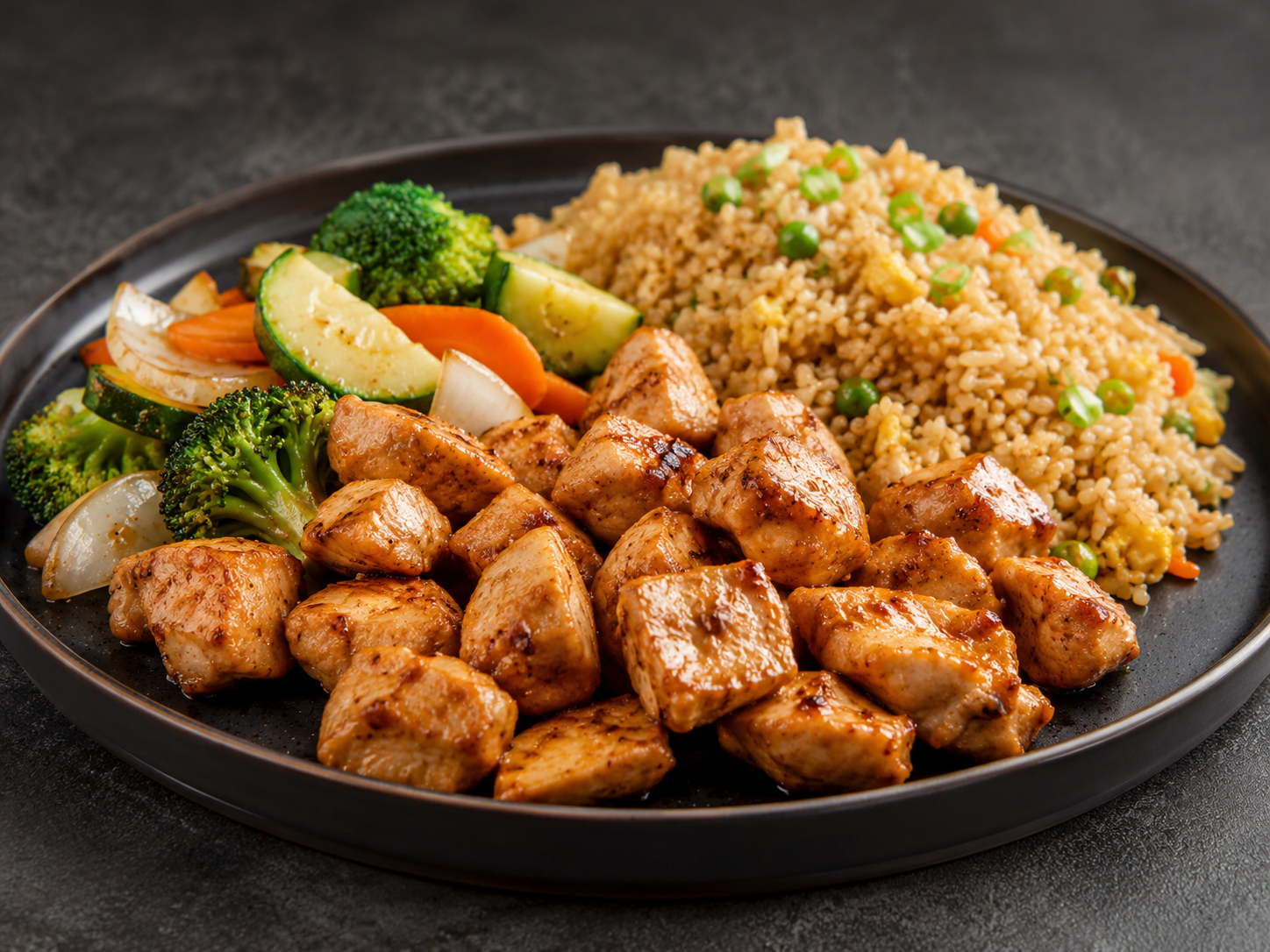 Plate of cooked chicken chunks with Japanese-style fried rice with peas and carrots, and steamed broccoli, zucchini, and onions.