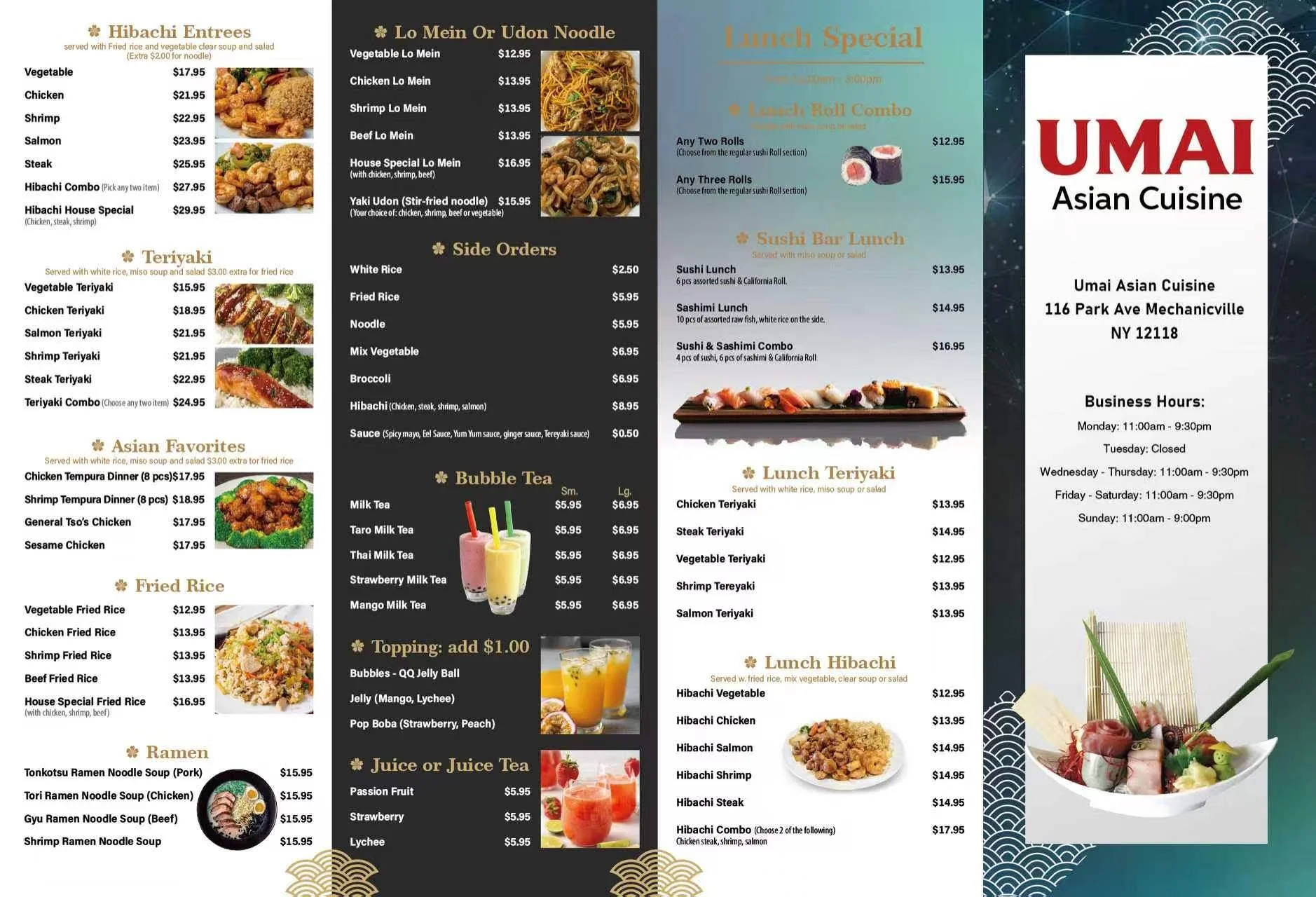A Korean restaurant menu with sections for hibachi entrees, teriyaki dishes, Asian favorites, fried rice, ramen, bubble tea, juice or juice tea, lunch specials, sushi bar lunch, and lunch hibachi. It lists dishes along with prices and some images of food.