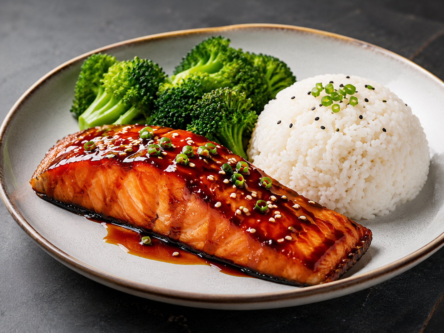 A plate of cooked salmon topped with sauce and chopped green onions, served with broccoli and a mound of white rice garnished with green onions and black sesame seeds.