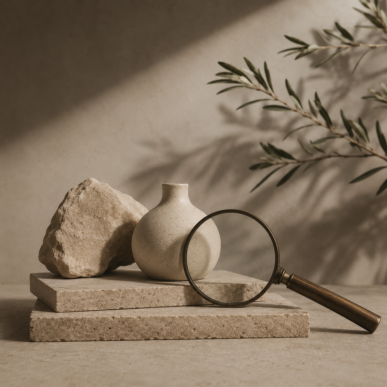 A decorative still life featuring a beige ceramic vase, a large rough stone, and a magnifying glass with a wooden handle, all arranged on a multi-layered stone platform with a branch of green leaves casting shadows on the background.