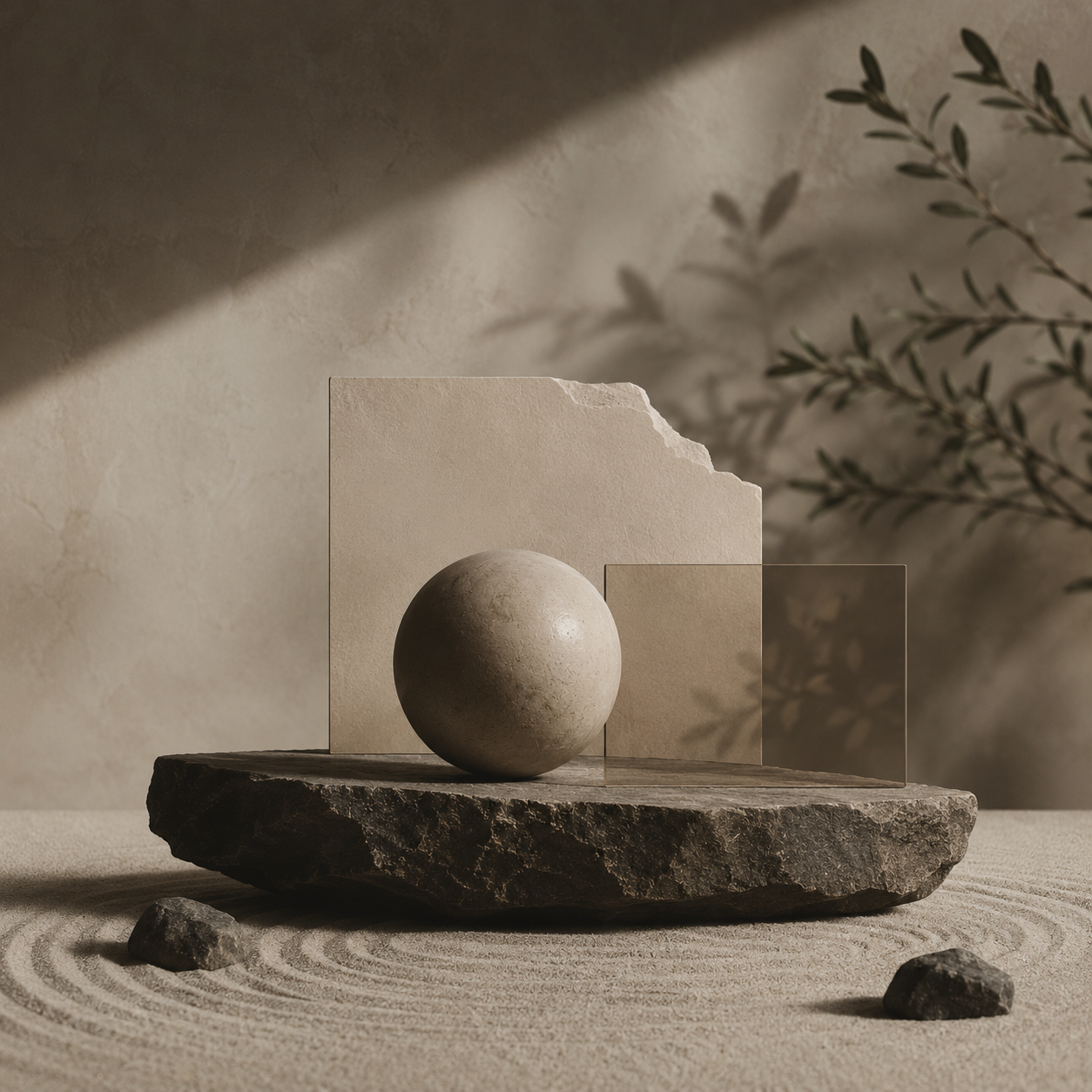 Minimalist still life with a textured stone base, a round concrete sphere, and geometric glass and stone panels, with leaf shadows on beige walls.