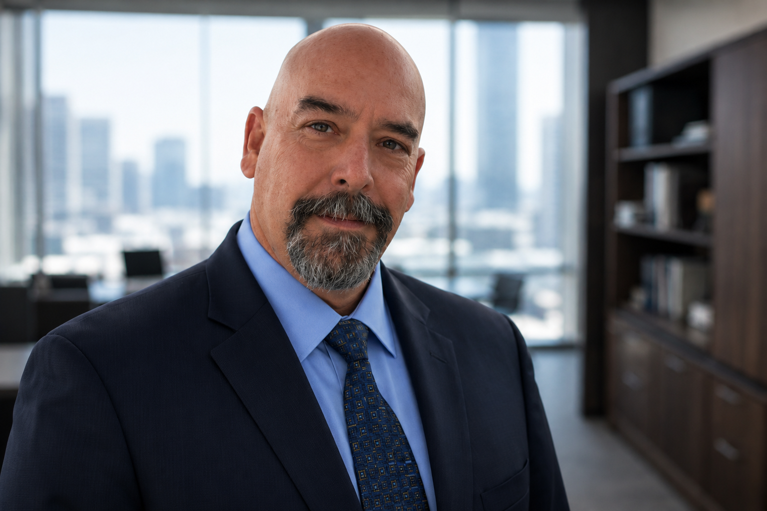 A middle-aged man with a bald head and a gray beard, dressed in a dark suit, light blue shirt, and patterned tie, standing in an office with large windows and cityscape in the background.