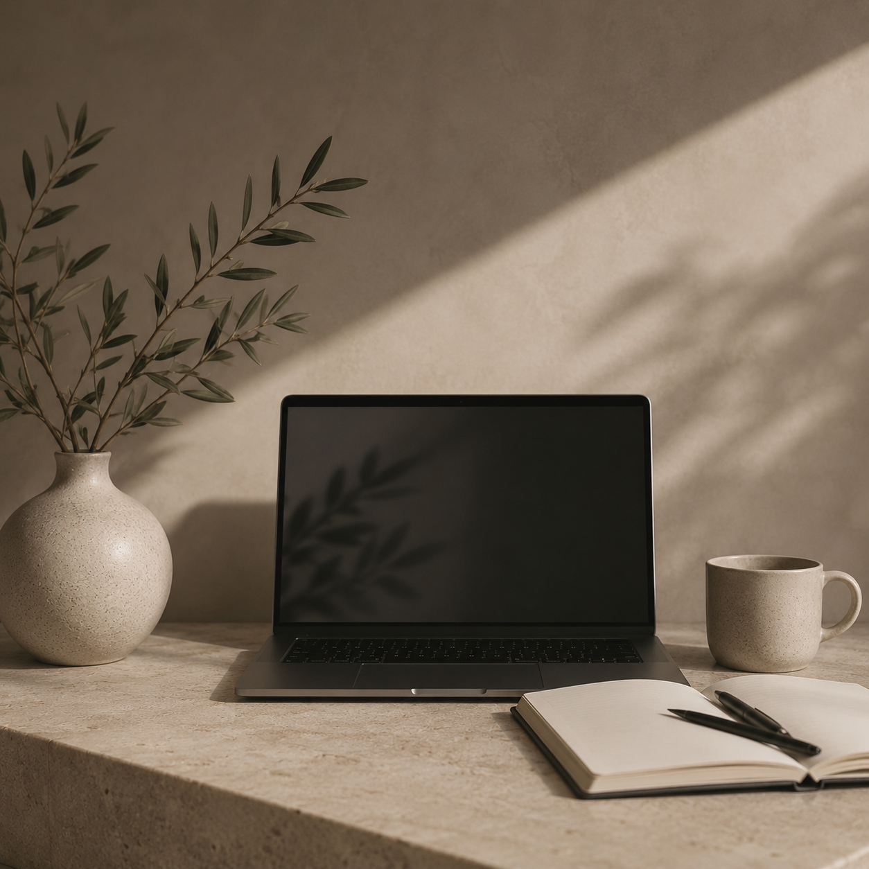 A minimalist workspace with a laptop, an open notebook with pens, a mug, and a vase with leafy branches on a beige textured surface.