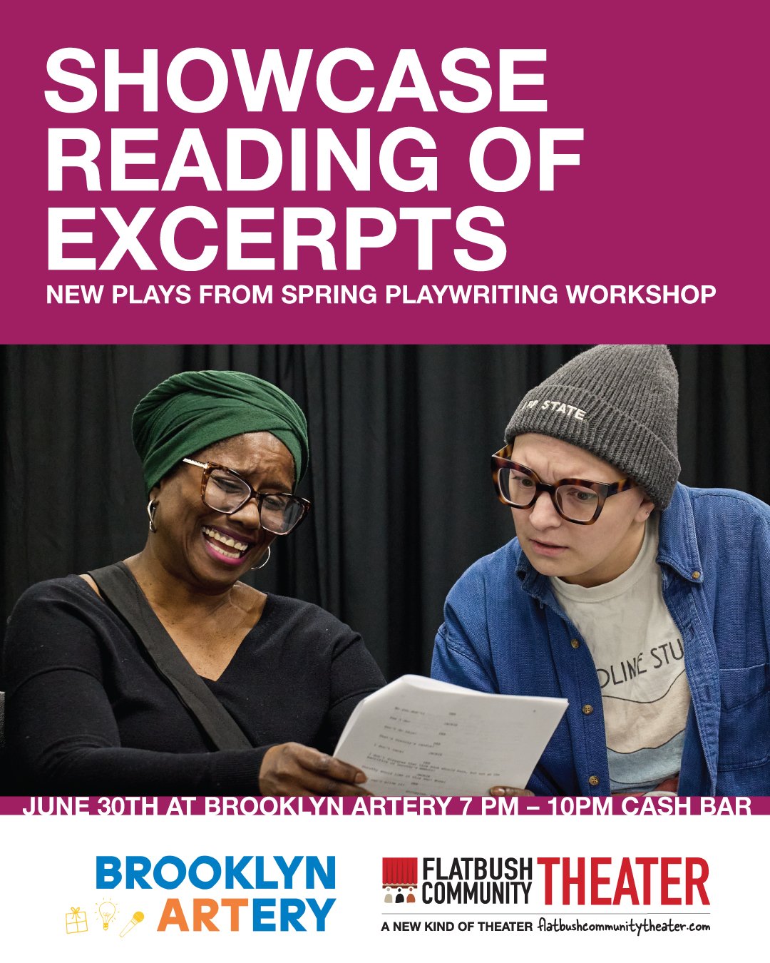 Still time to sign up for FCT's PLAYWRITING WORKSHOP TUESDAYS May 19 - June 23rd at @flatbushymca! And this is amazing news: your new work will be presented by actors in a showcase event at @thebrooklynartery June 30th! Link in bio! @maxyuliang