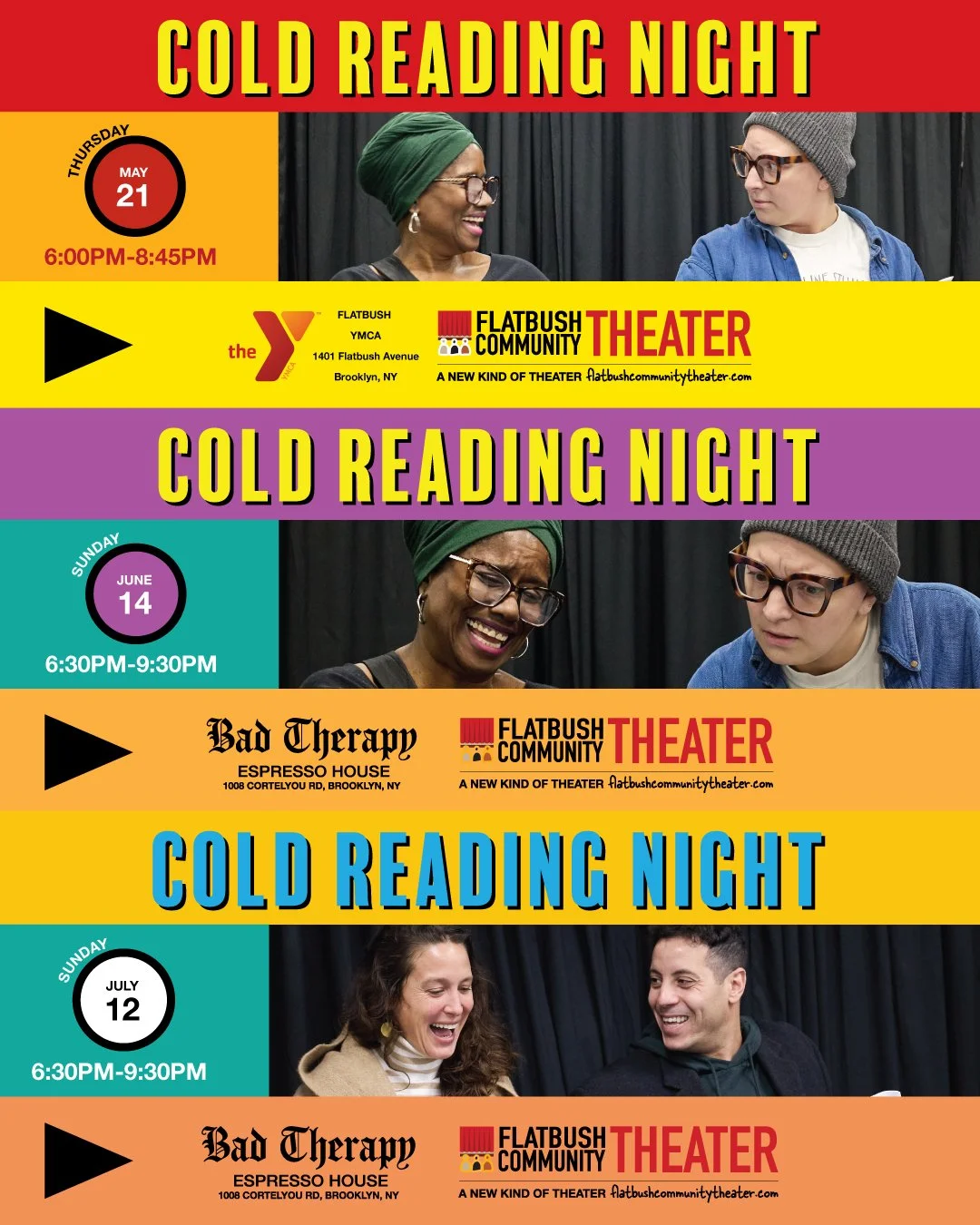 Registration for our next 3 Cold Reading Nights is up on the website or our linktree in bio!!! Now, let me know - do you think of THIRD THURSDAY when you think of Cold Reading Night? (I really want to know). It *will be* on May 21st at @flatbushymca 