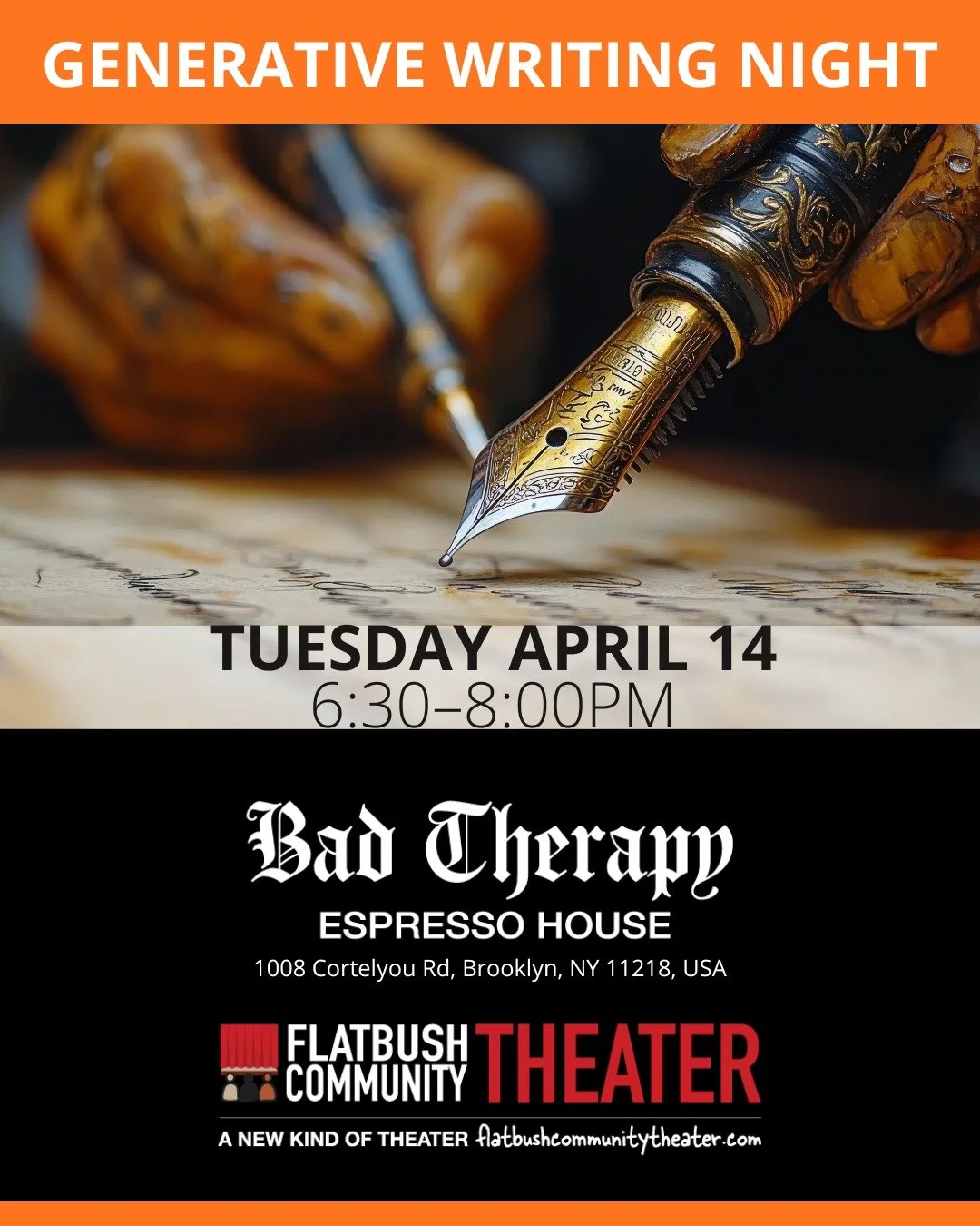 This week!! Tuesday and Thursday are big! Join us at Generactive Writing Night and Cold Reading Night!