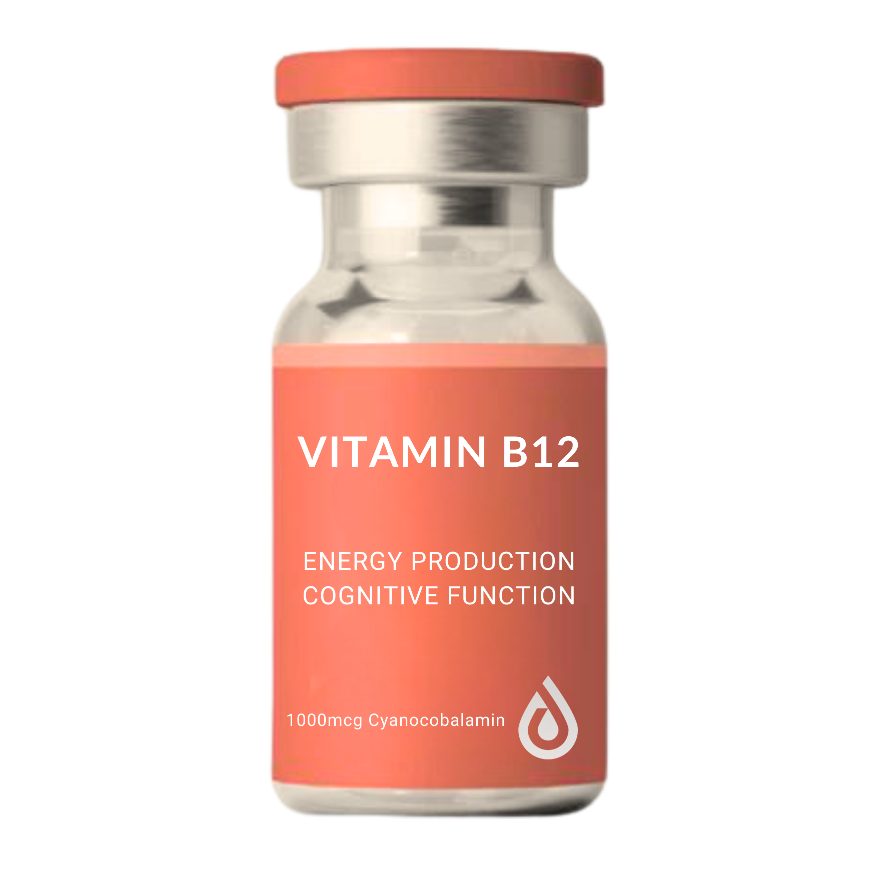 A supplement bottle labeled Vitamin B12 with a pink label stating energy production and cognitive function, containing 1000 micrograms of cyanocobalamin.