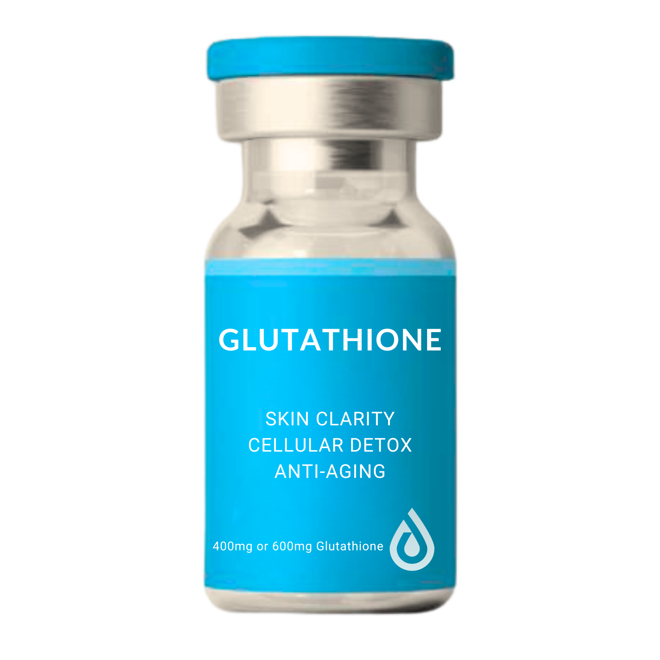 A supplement bottle labeled Glutathione, promoting benefits like skin clarity, cellular detox, and anti-aging, with dosage options of 400mg or 600mg.