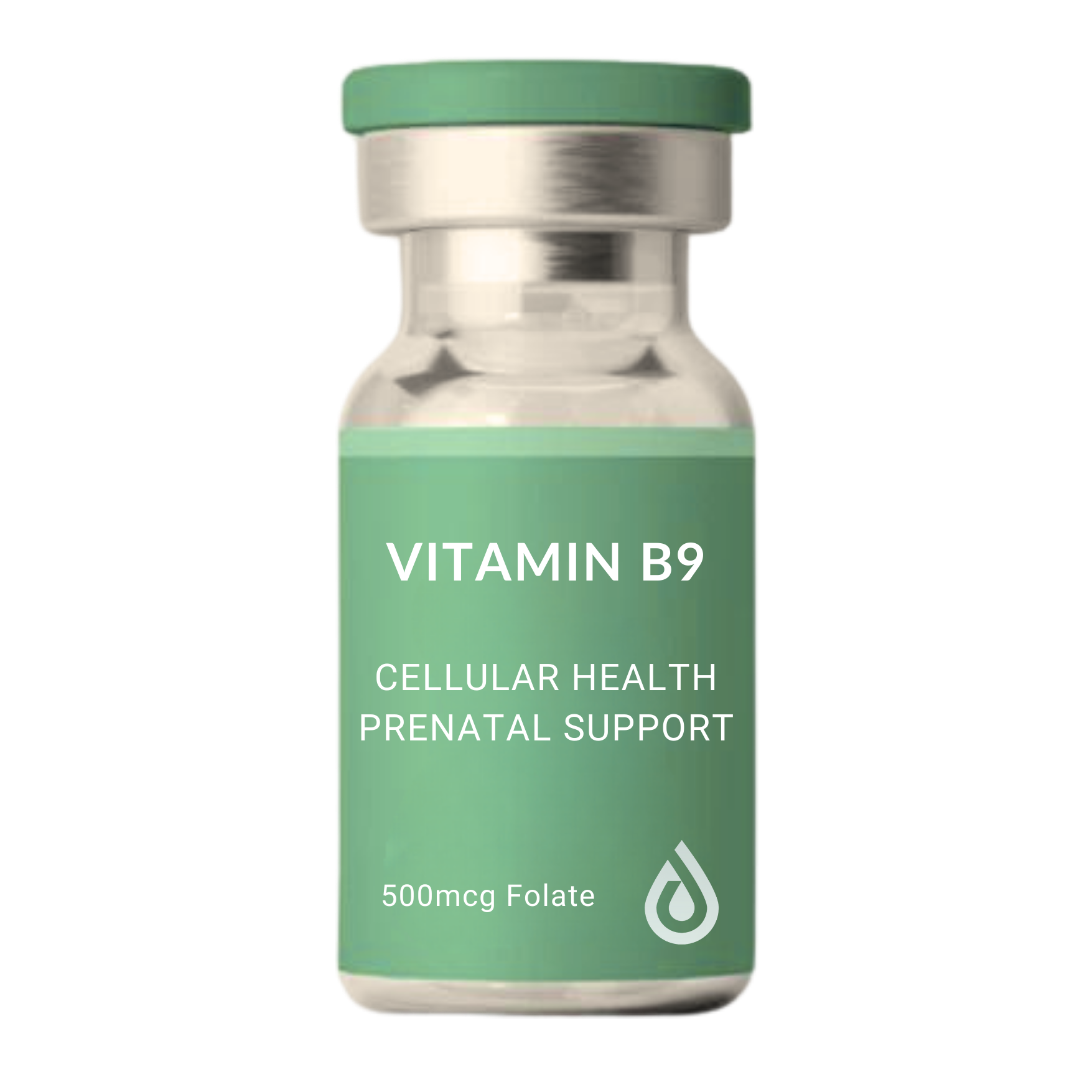 Bottle labeled 'Vitamin B9' with additional text 'Cellular Health Prenatal Support' and '500 mcg Folate'.