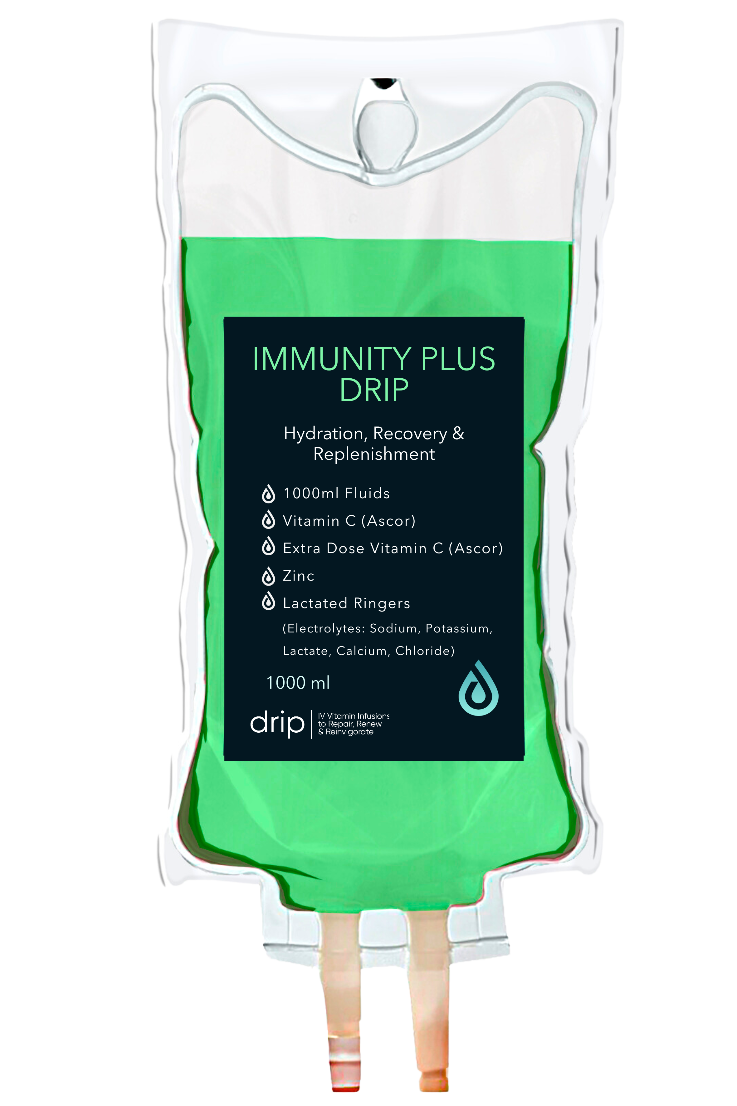 A medical IV drip bag labeled 'Immunity Plus Drip' contains a green liquid. The label mentions hydration, recovery, and replenishment with ingredients like Vitamin C, zinc, and lactated ringers.