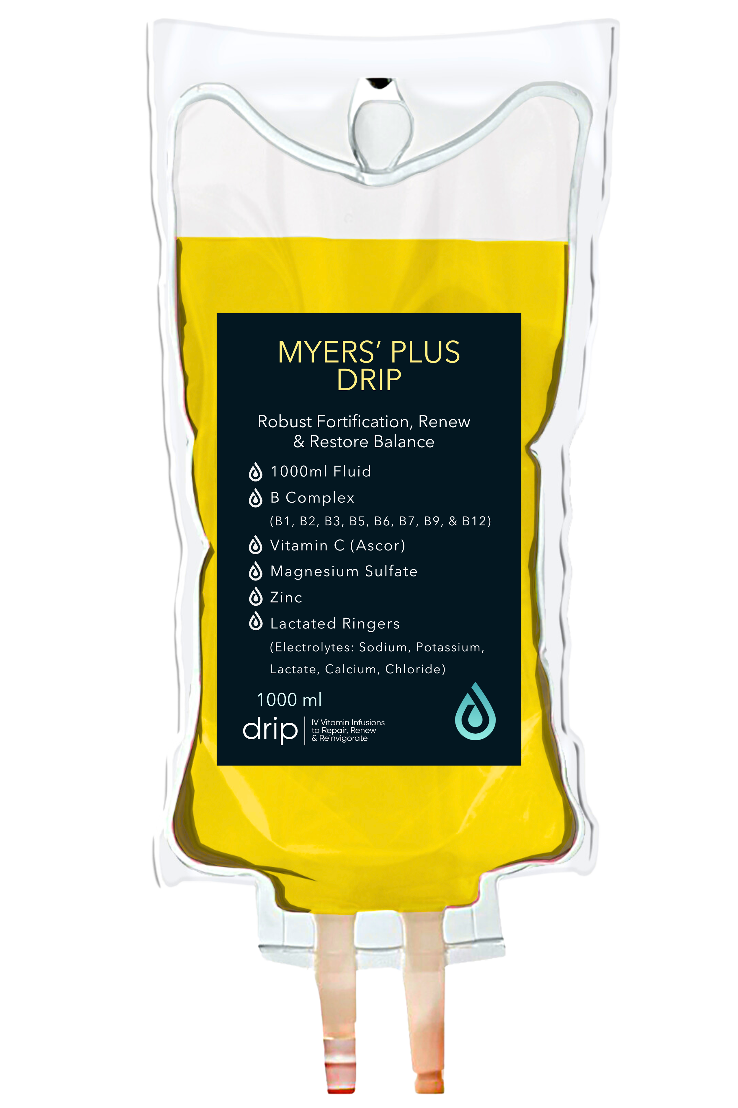 A yellow and white packet labeled "Myers' Plus Drip" with information about fortified fluids, B complex vitamins, vitamin C, magnesium sulfate, zinc, lactated ringers, and electrolytes, and a drop icon at the bottom, with a straw attached at the bottom.