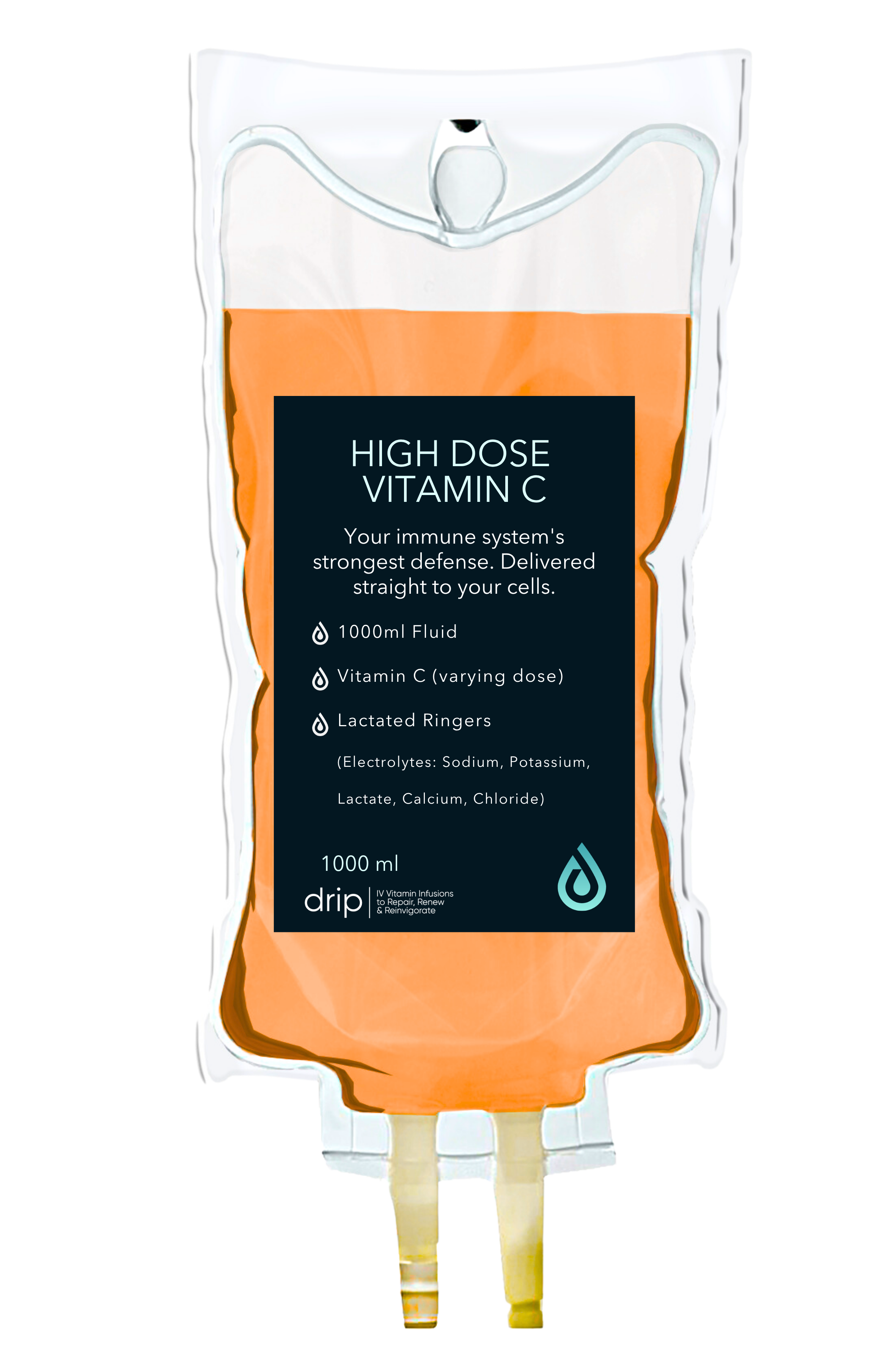 A medical IV drip bag labeled 'High Dose Vitamin C' with description of contents including 1000ml fluid, Vitamin C, Lactated Ringers, and electrolytes, with two attached IV tubes at the bottom.