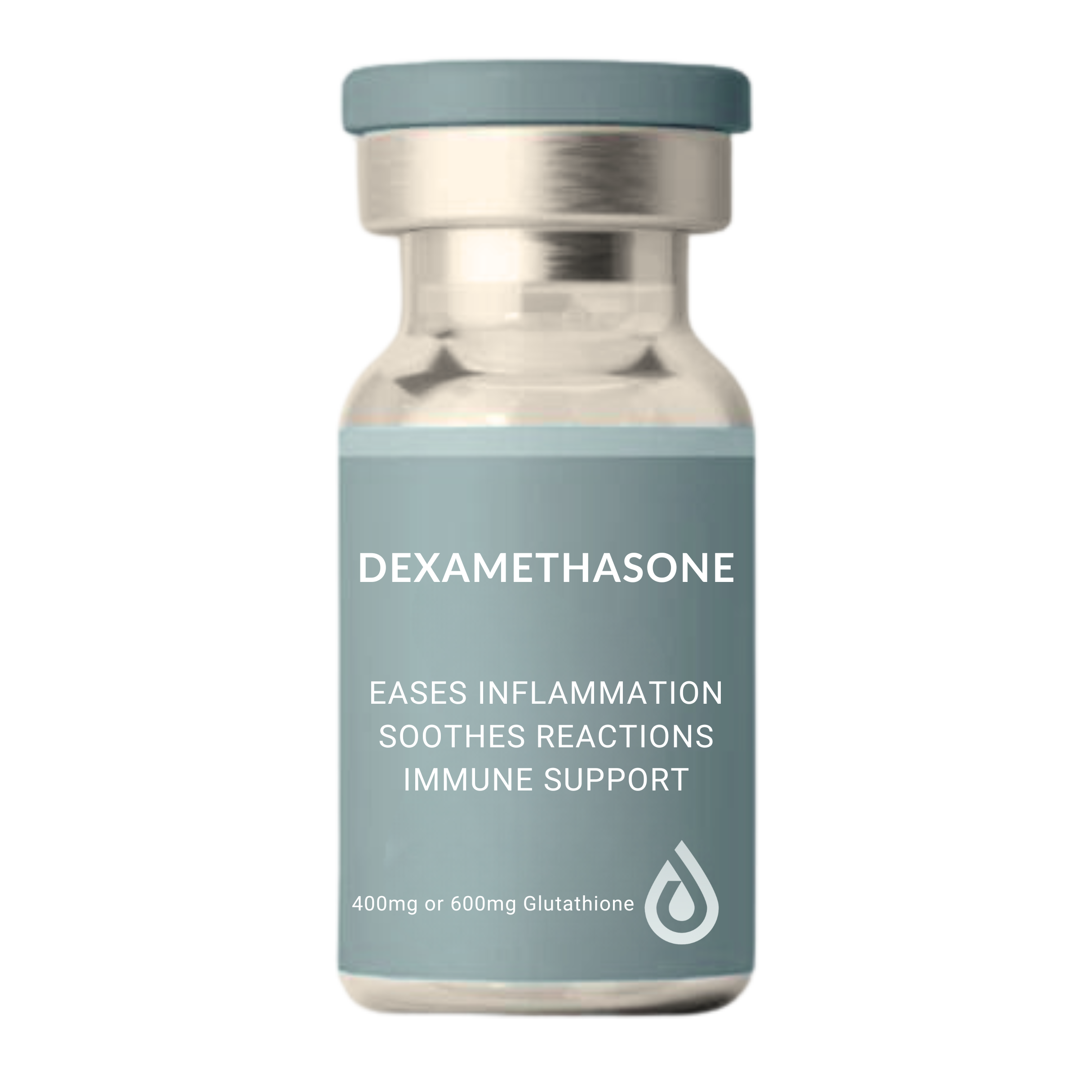 A medical bottle labeled 'Dexamethasone' with benefits listed: eases inflammation, soothes reactions, immune support, and contains 400mg or 600mg Glutathione.