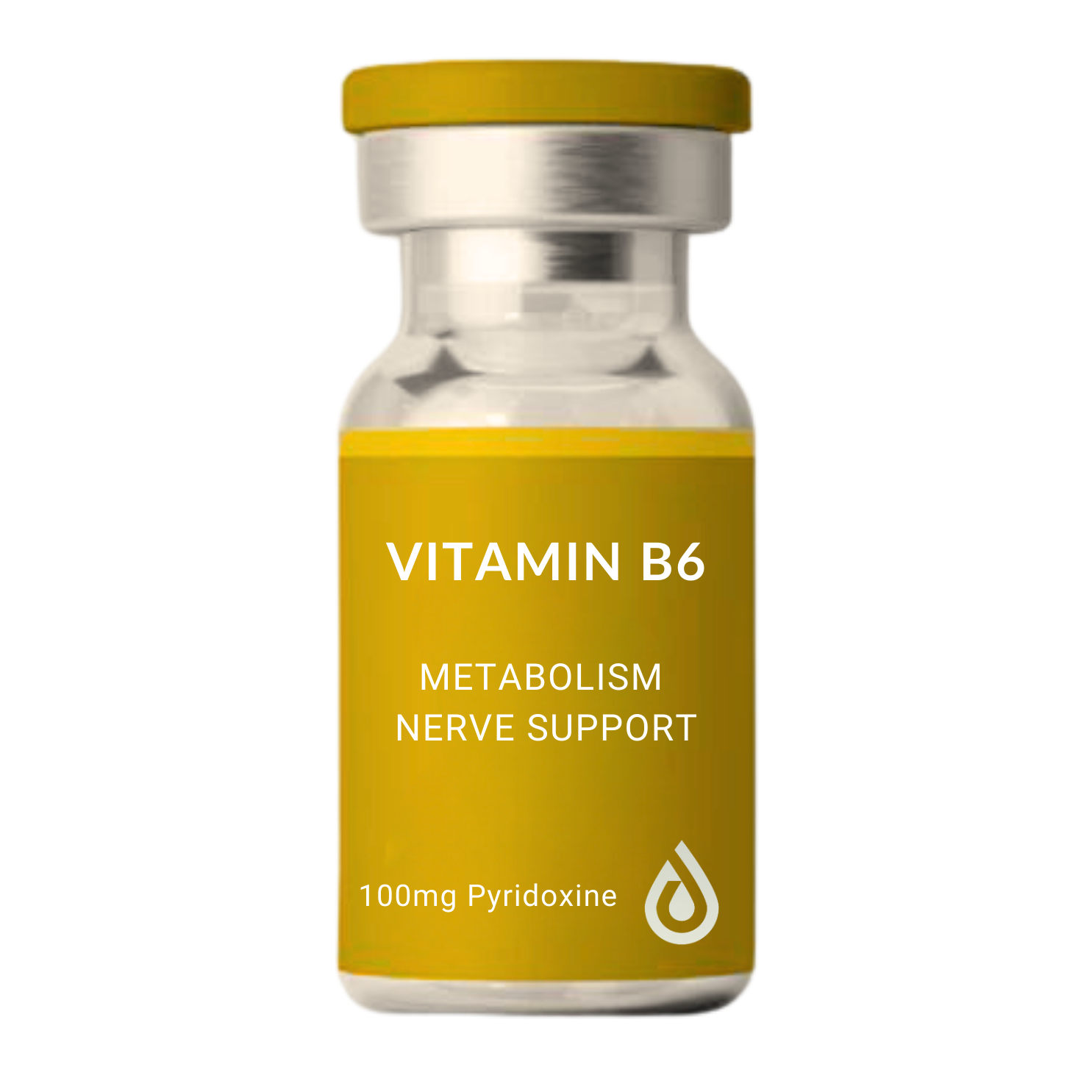 A vitamin supplement bottle labeled "Vitamin B6" with the text "Metabolism Nerve Support" and "100mg Pyridoxine" on a yellow label.