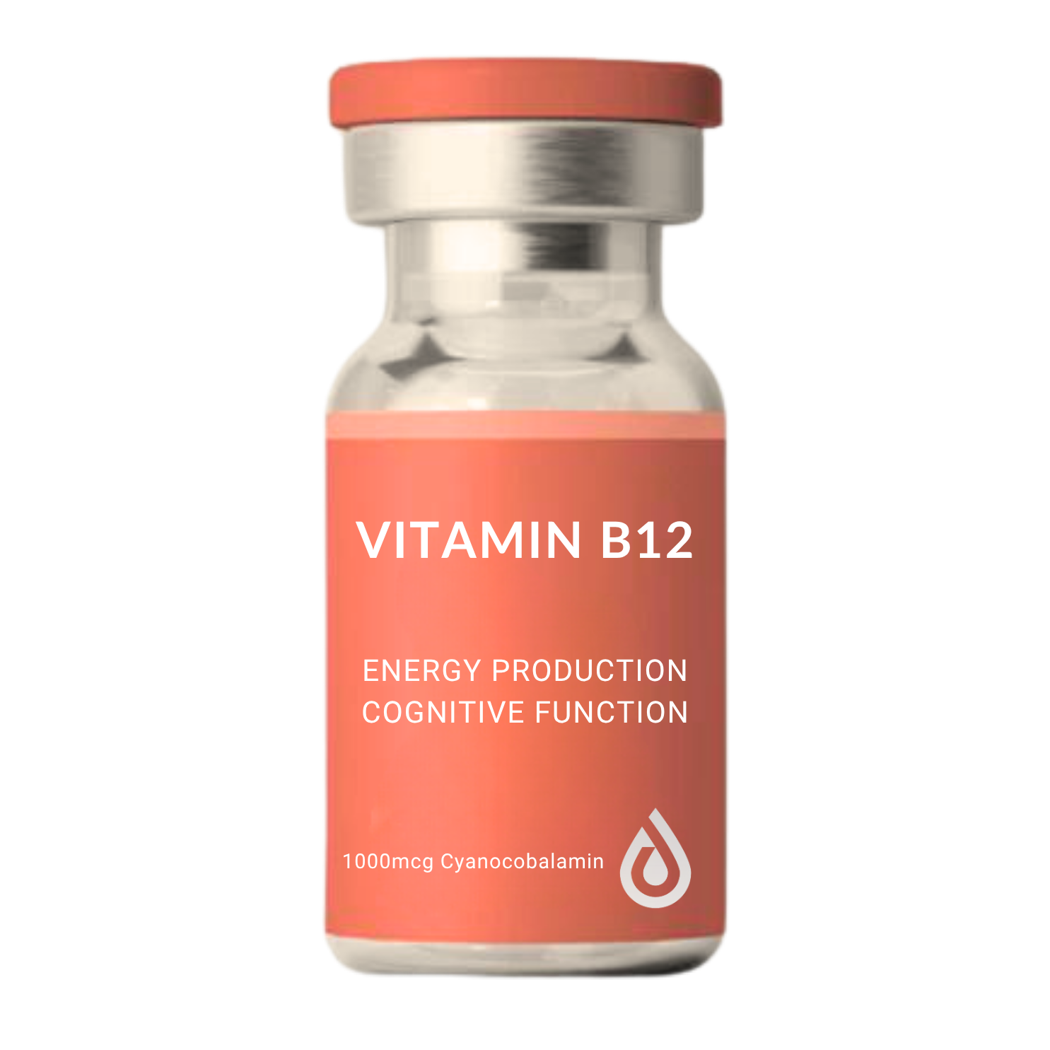 Vial labeled Vitamin B12 with notes on energy production and cognitive function, containing 1000 mcg Cyanocobalamin.