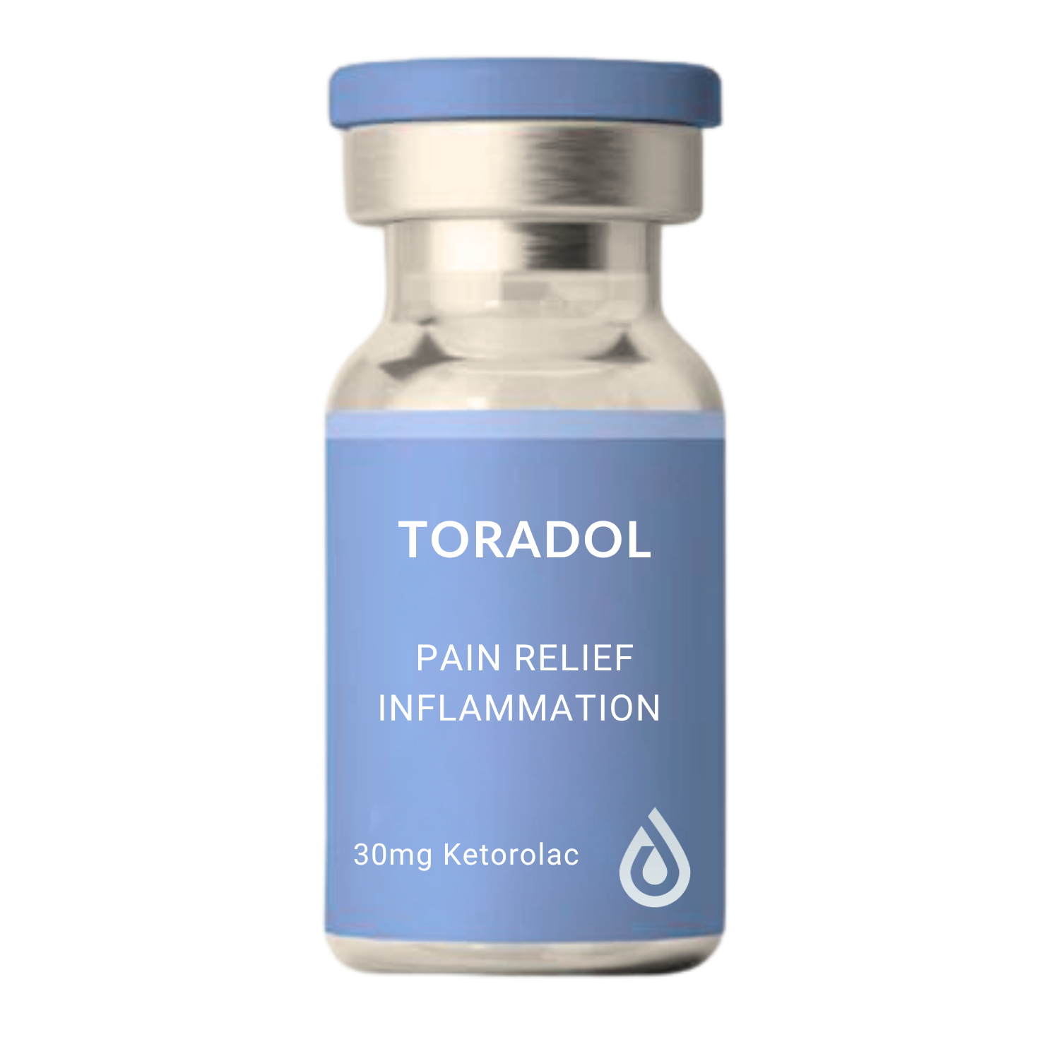 A pharmaceutical vial labeled 'Toradol' for pain relief and inflammation, containing 30 mg of Ketorolac.