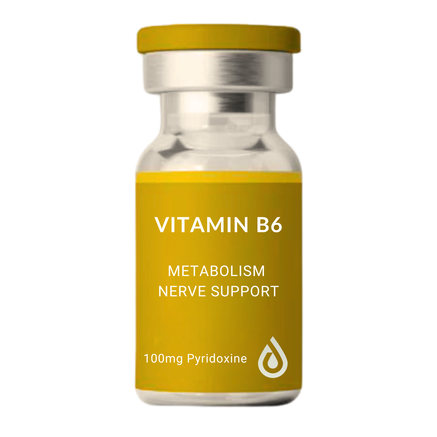 Vial labeled 'Vitamin B6' with supplement for metabolism and nerve support, containing 100mg Pyridoxine.