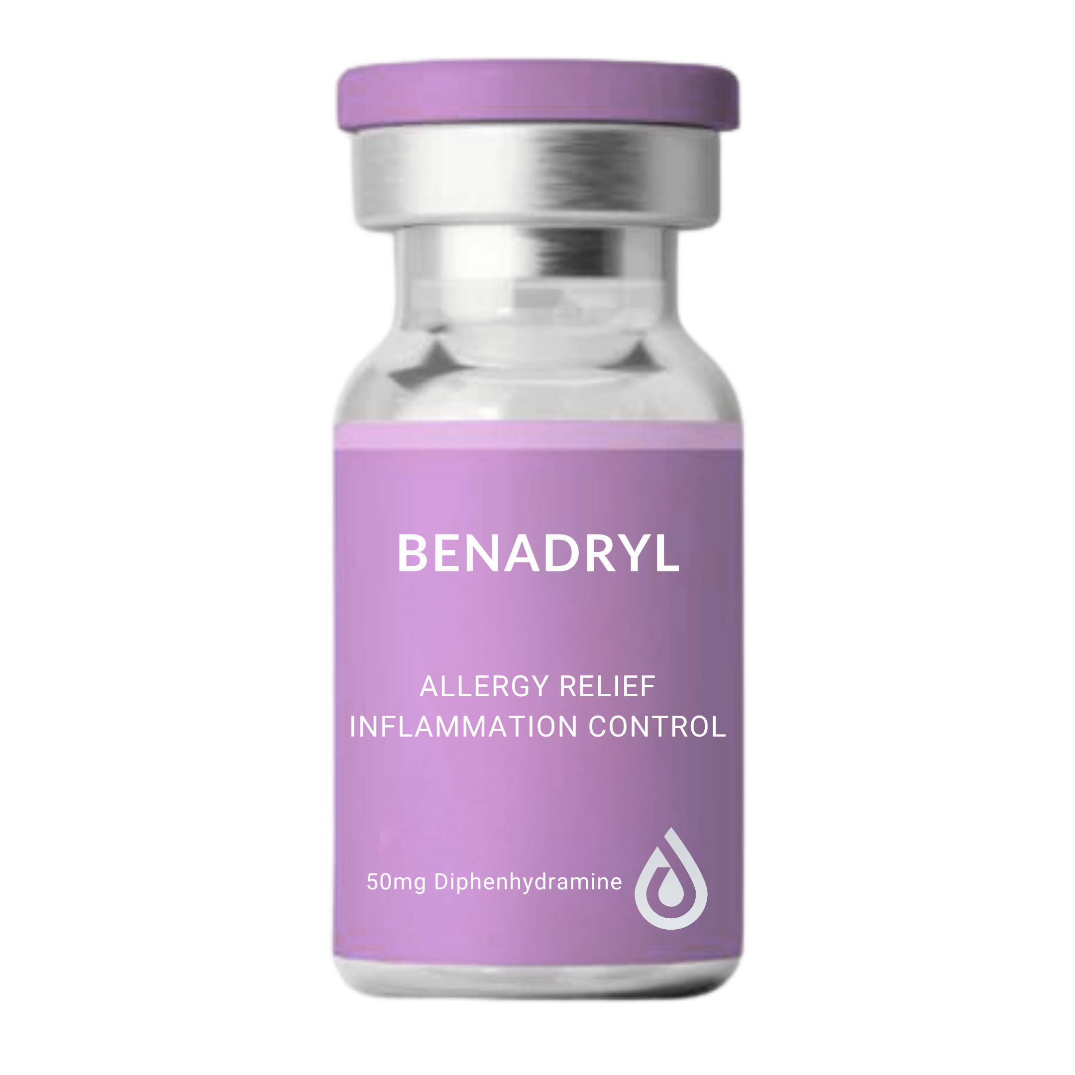 A small bottle of allergy relief medication labeled Benadryl, with purple and white packaging, indicating 50 mg of diphenhydramine for allergy relief, inflammation control, and allergy symptoms.