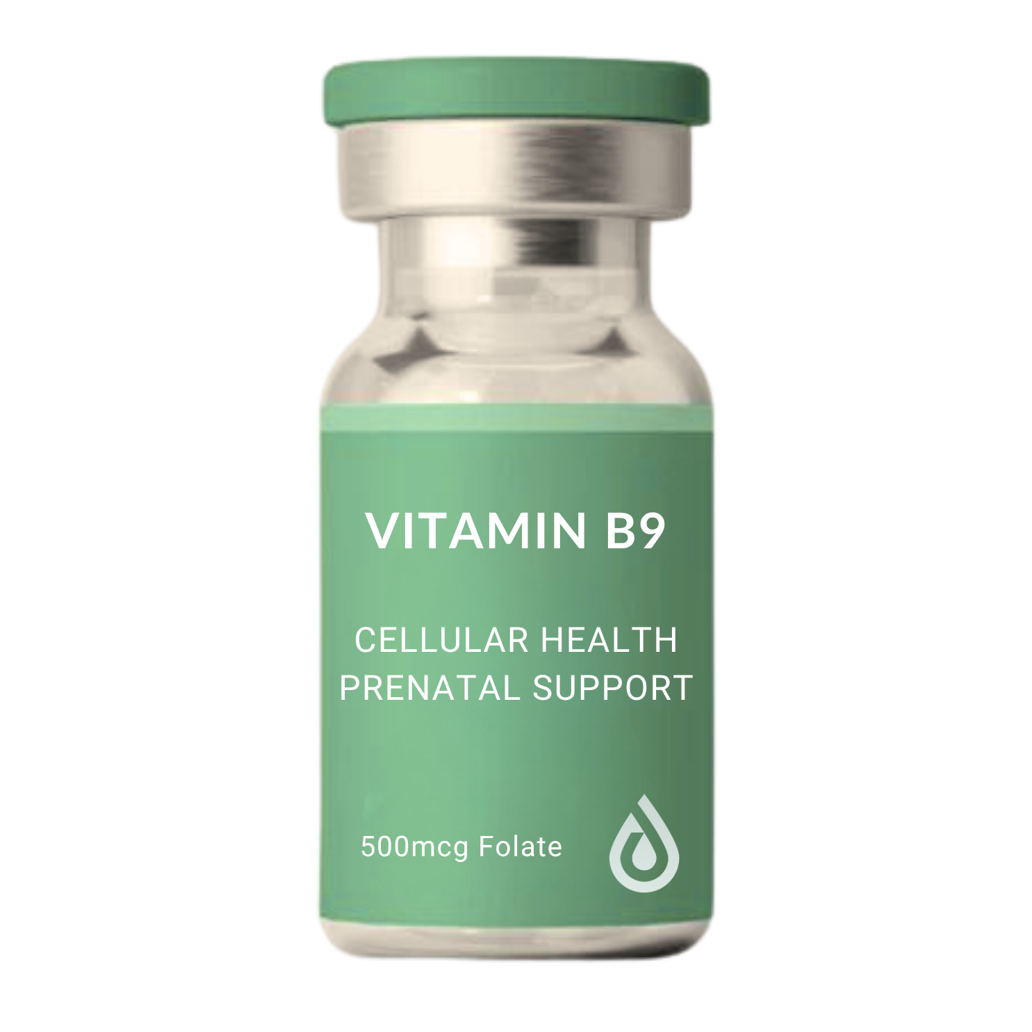 Bottle of Vitamin B9 prenatal supplement with 500mcg Folate label, green and silver design.