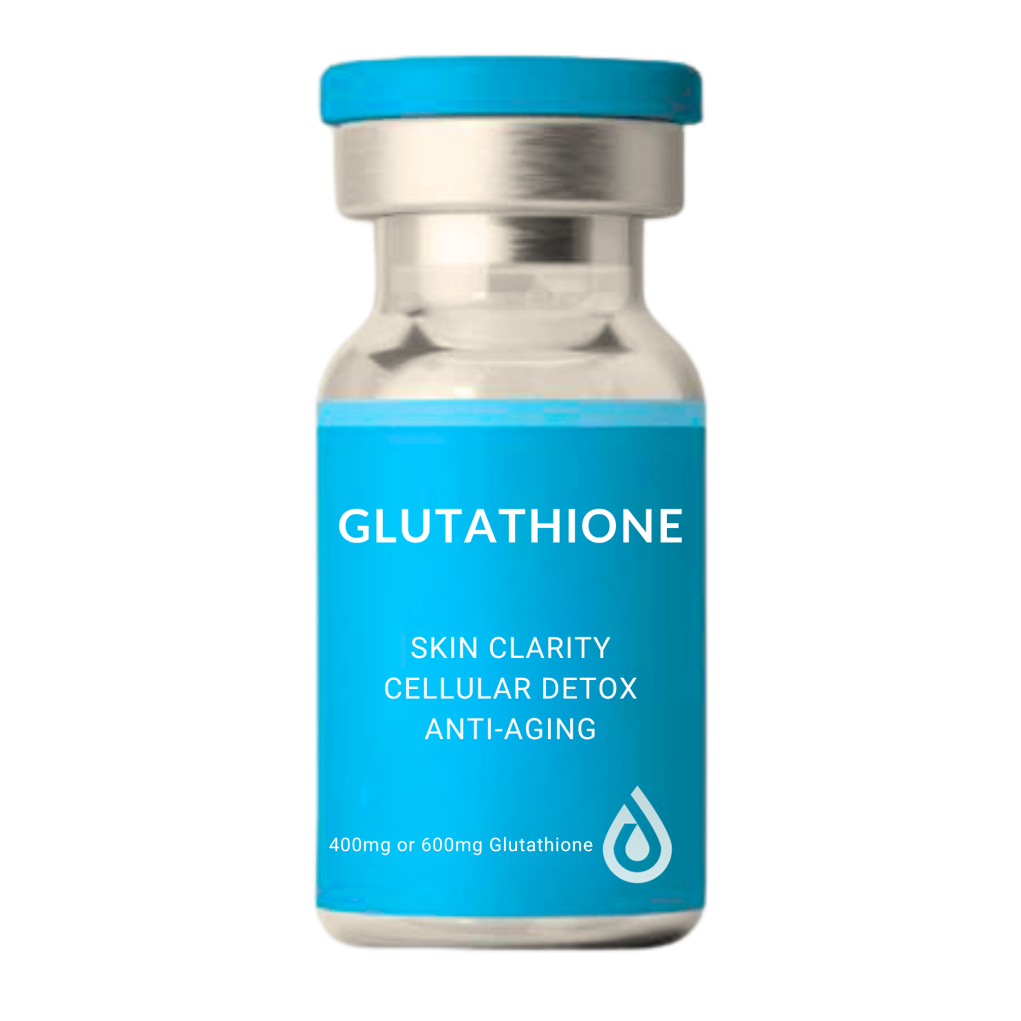 A bottle labeled 'Glutathione' with benefits like skin clarity, cellular detox, and anti-aging, indicating it contains 400mg or 600mg of Glutathione.