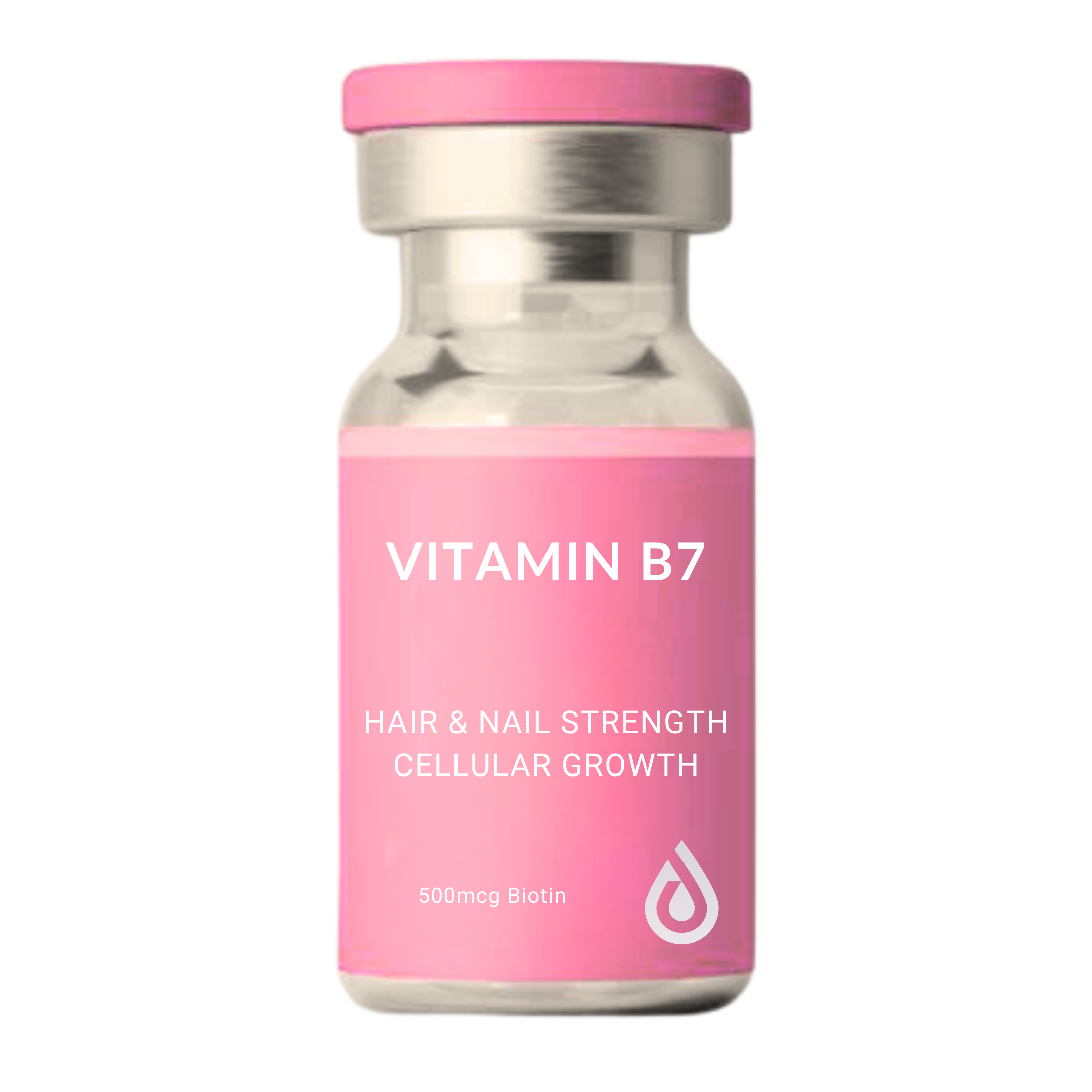 Pink and silver bottle labeled 'VITAMIN B7' with additional text about health benefits, containing 500 micrograms of Biotin.