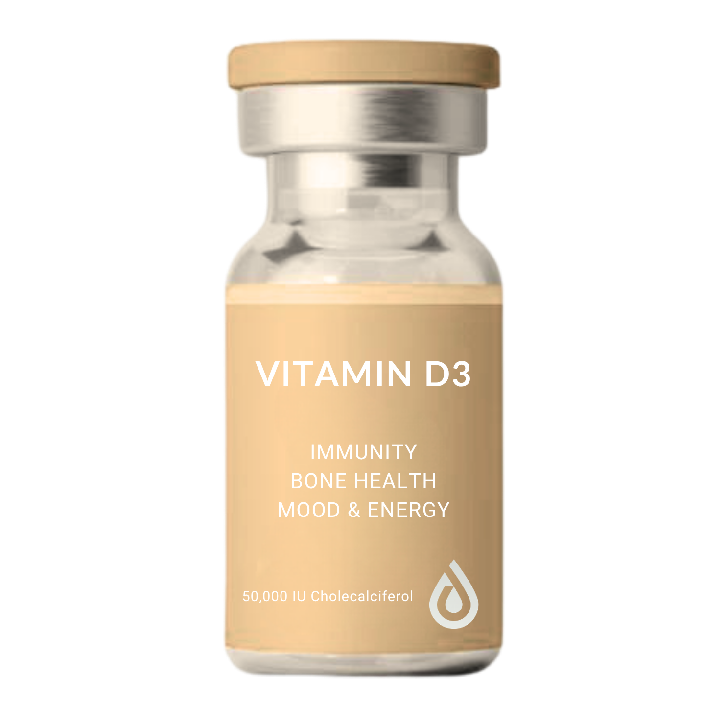 A beige-colored supplement bottle labeled "Vitamin D3" with text highlighting immunity, bone health, mood, and energy benefits, containing 50,000 IU of cholecalciferol.