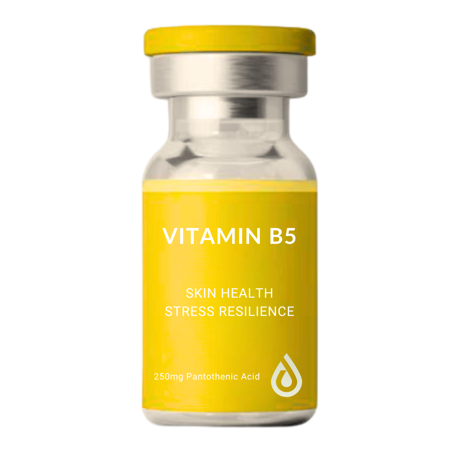 Green bottle of Vitamin B5 supplement with yellow cap, label reads 'Vitamin B5', 'Skin Health', 'Stress Resilience', '250mg Pantothenic Acid'.