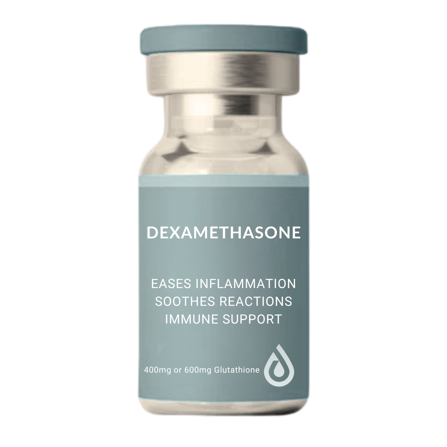 A pill bottle labeled Dexamethasone, which eases inflammation, soothes reactions, and supports the immune system, containing 400mg or 600mg Glutathione.