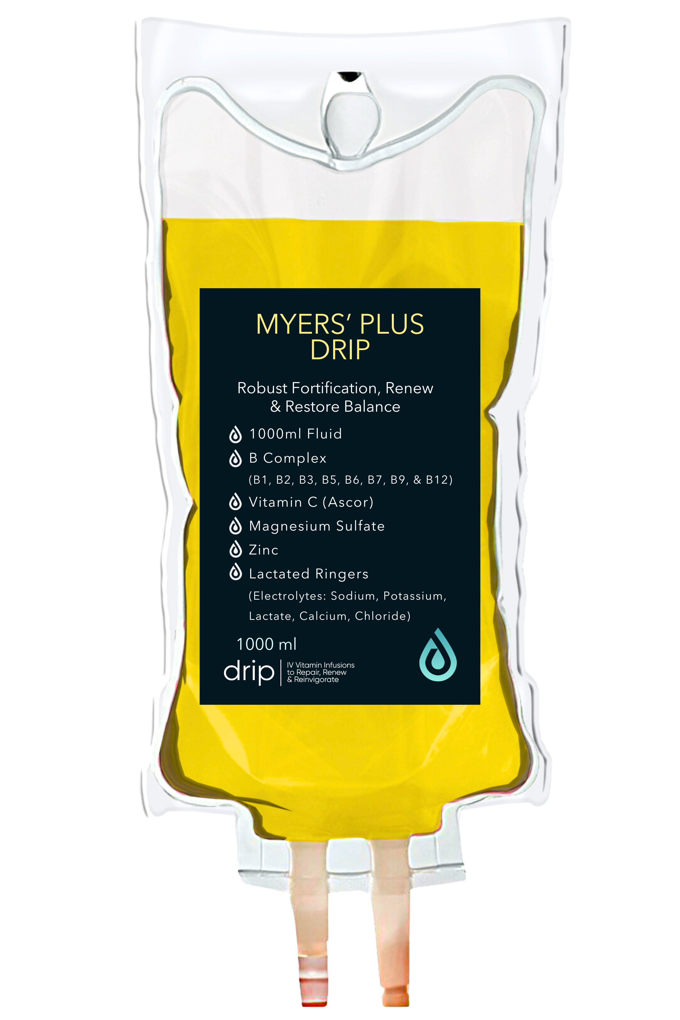 A yellow and black IV bag labeled "Myers' Plus Drip" containing fluid for health supplementation, featuring various vitamins, minerals, and electrolytes.