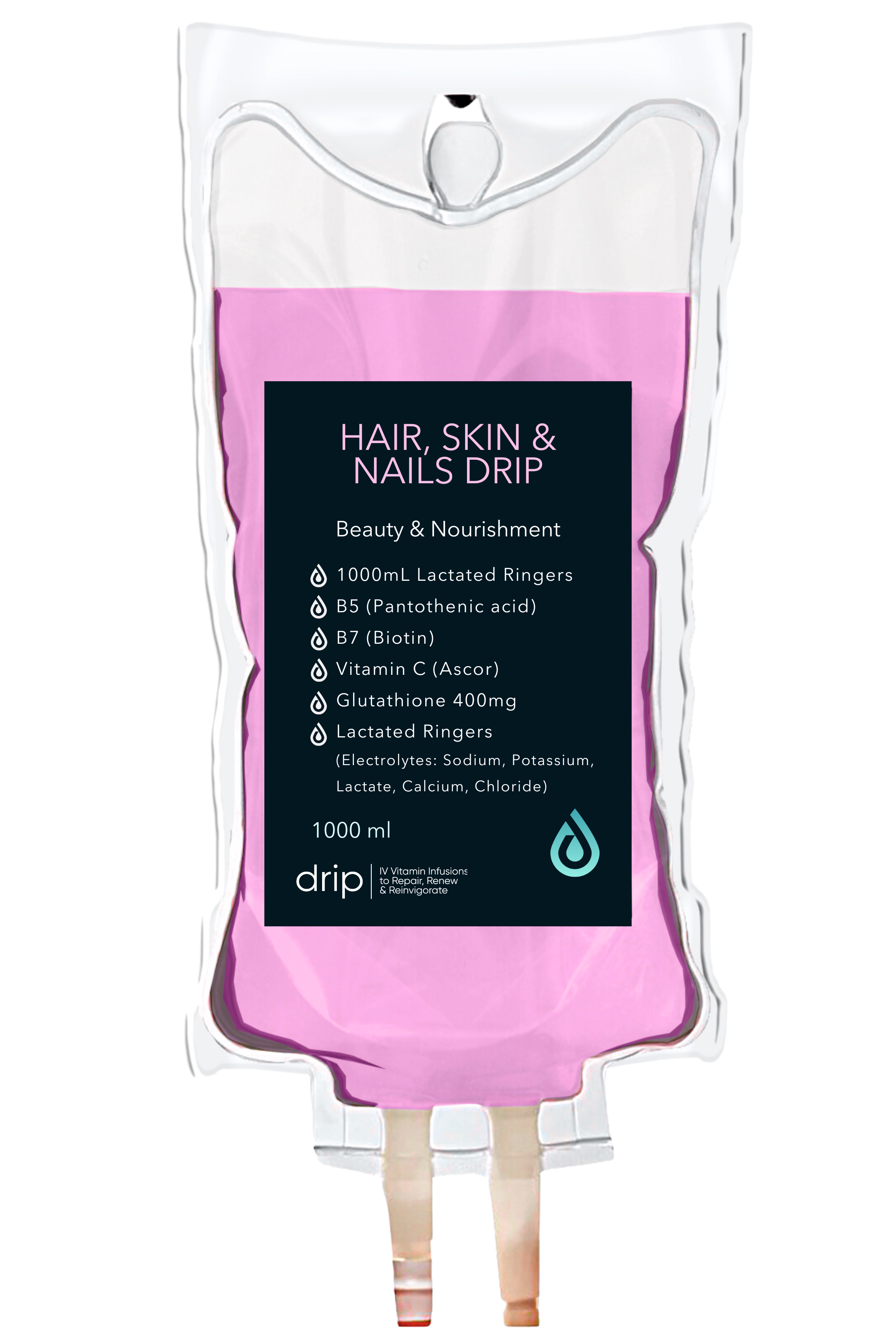 A medical IV drip bag filled with pink liquid labeled for hair, skin, and nails nourishment with ingredients like lactated ringers, pantothenic acid, biotin, vitamin C, glutathione, and electrolytes.