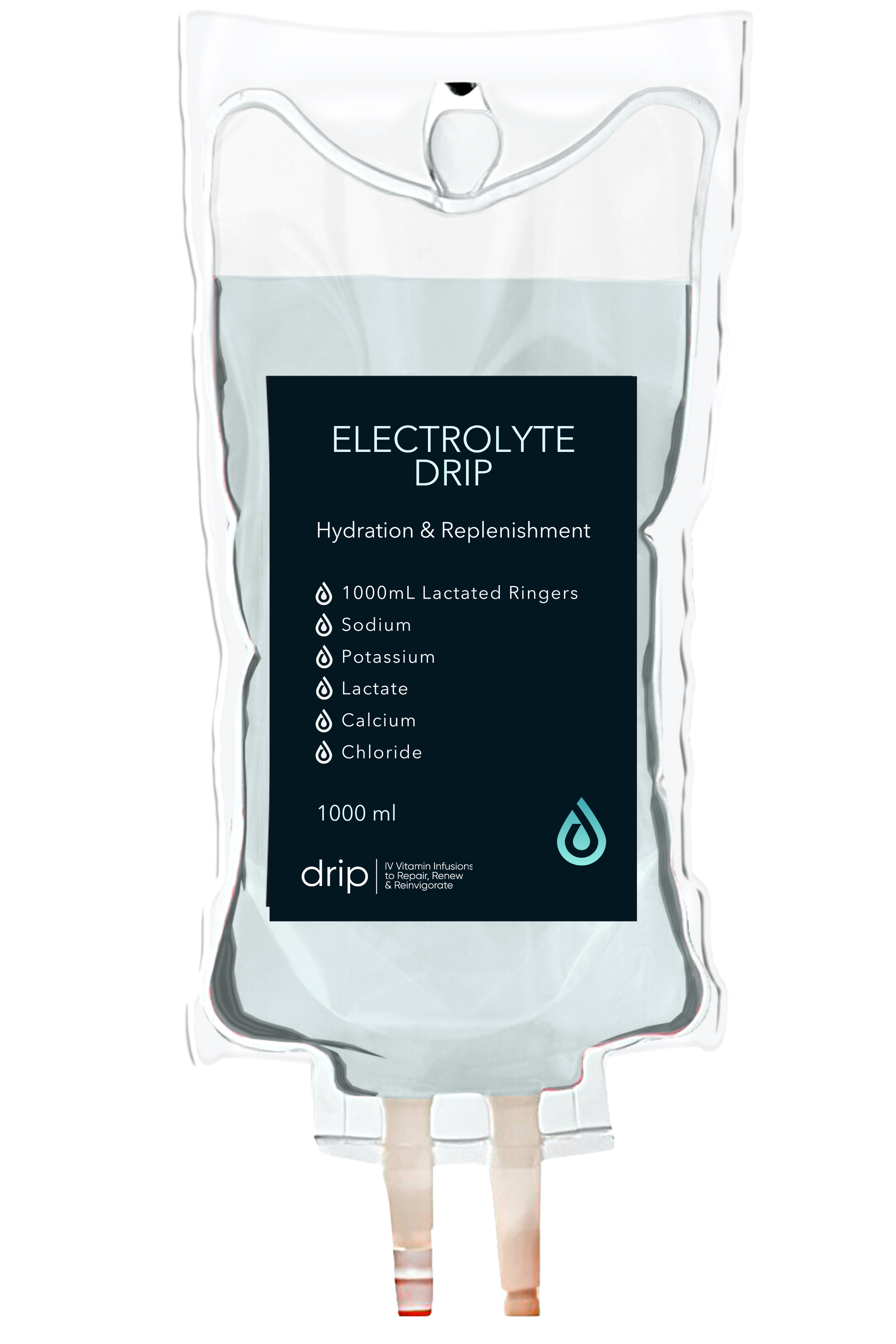A packet of electrolyte drip with a label indicating hydration and replenishment, including ingredients such as sodium, potassium, lactate, calcium, and chloride, designed for IV vitamin infusions.